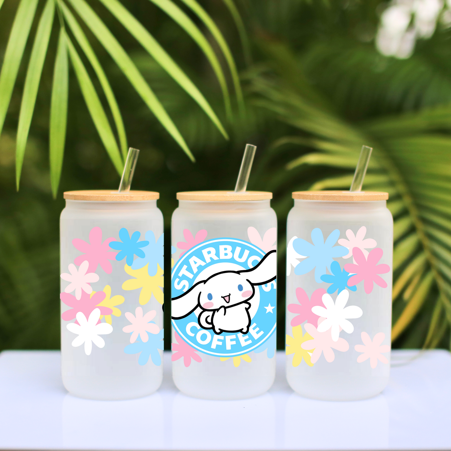 Cinnamoroll with Flowers Anime 16oz Beer Can Glass with Straw and Lid