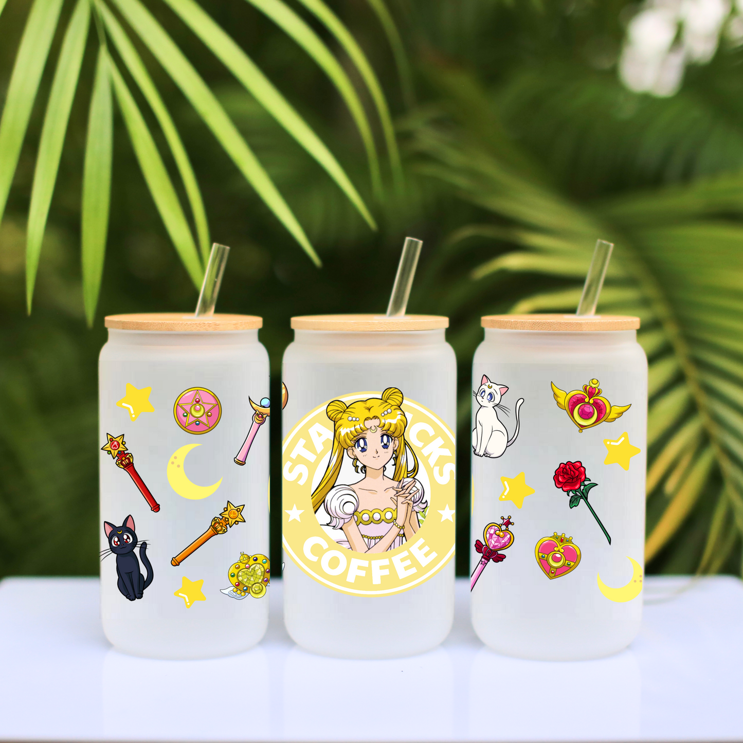 Sailor Moon Yellow Starbucks Anime 16oz Beer Can Glass with Straw and Lid