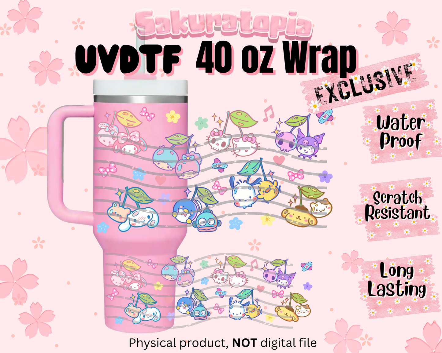 UVDTF 40oz Sanrio Tumbler Anime Wrap, Ready to Use Tumbler UVDTF transfers for tumbler | Ready to Apply UVDTF wraps for 40oz tumbler