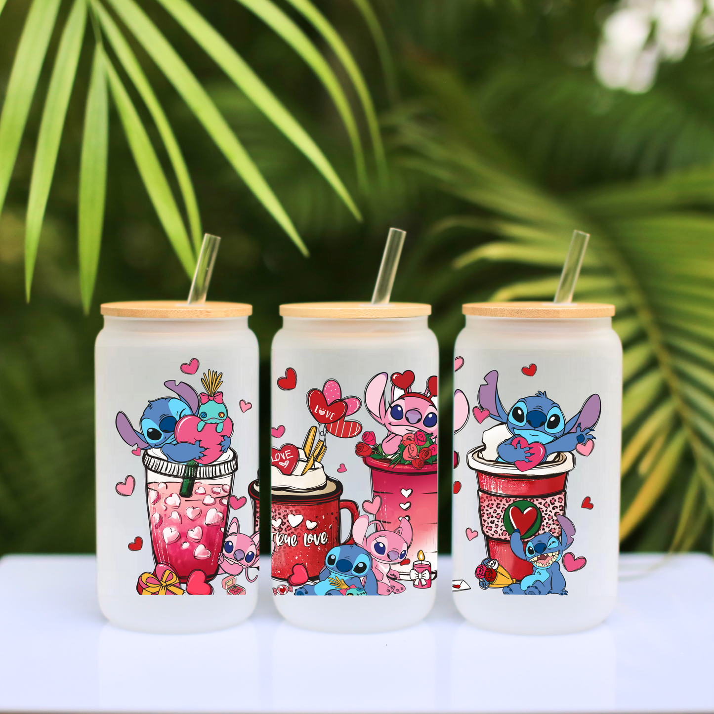 Disney Stitch Love Coffee Cup Anime 16oz Beer Can Glass with Straw and Lid