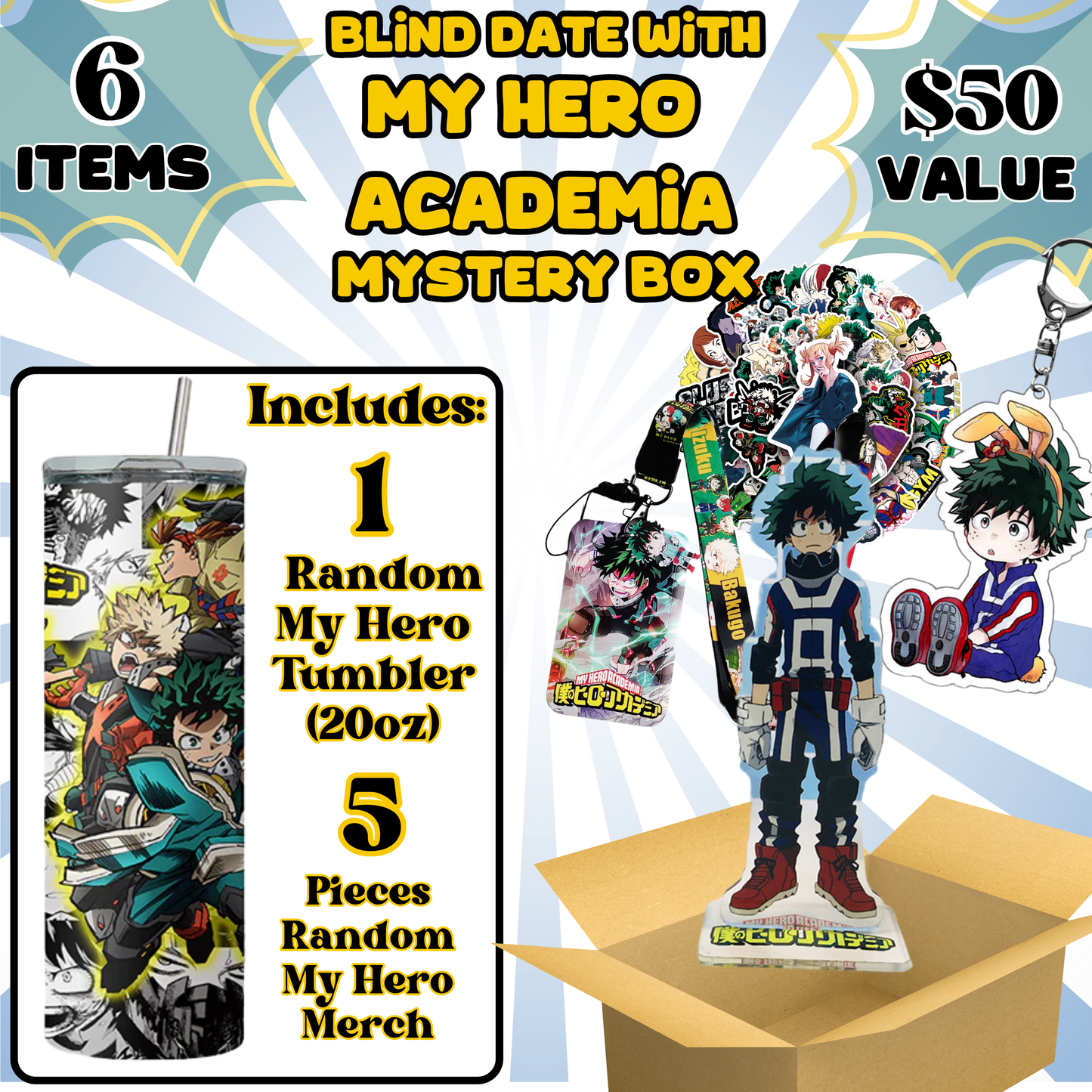 Blind Date with My Hero Academia Mystery Box – 20oz Tumbler + 5 Surprise My Hero Academia Merch Items