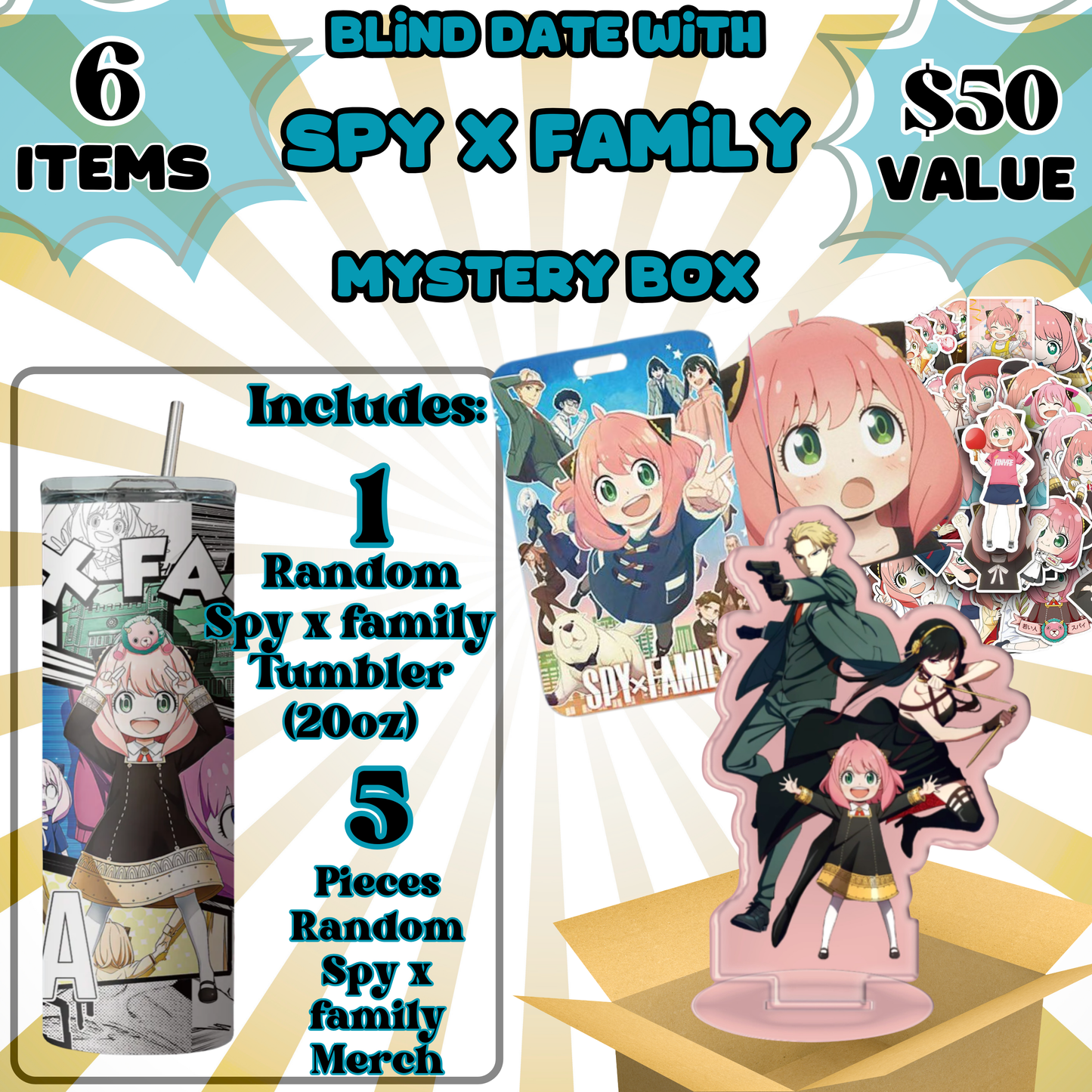 Blind Date with Spy X Family Mystery Box – 20oz Tumbler + 5 Surprise Spy X Family Merch Items