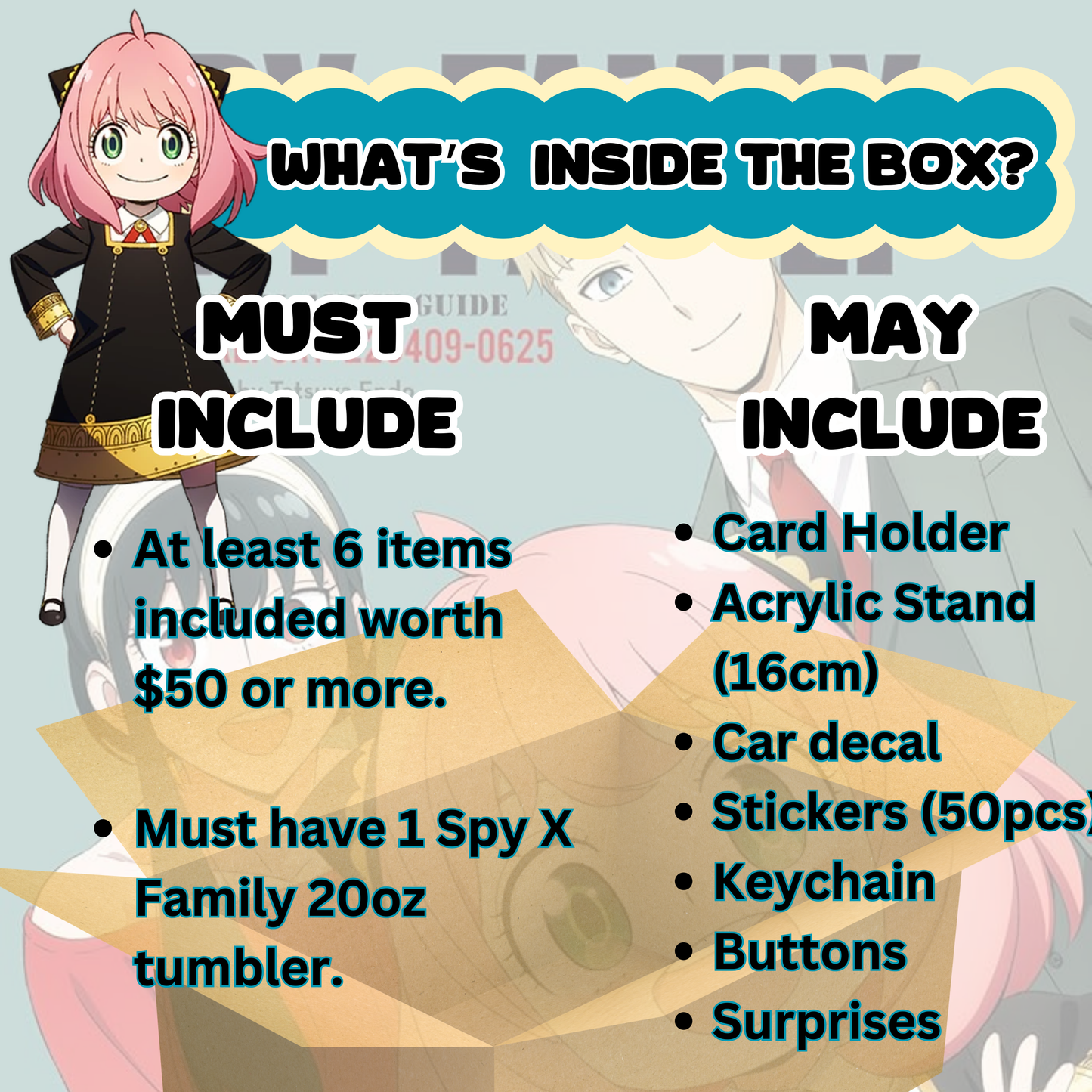 Blind Date with Spy X Family Mystery Box – 20oz Tumbler + 5 Surprise Spy X Family Merch Items