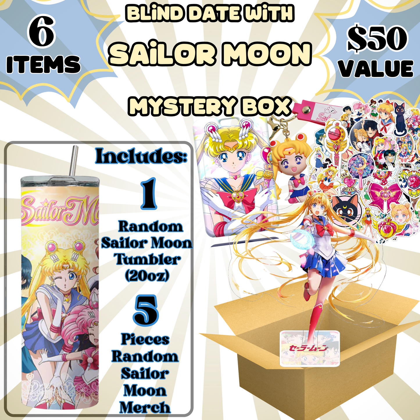 Blind Date with Sailor Moon Mystery Box – 20oz Tumbler + 5 Surprise Sailor Moon Merch Items