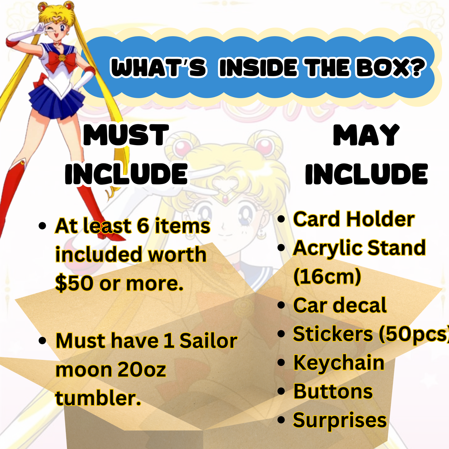 Blind Date with Sailor Moon Mystery Box – 20oz Tumbler + 5 Surprise Sailor Moon Merch Items