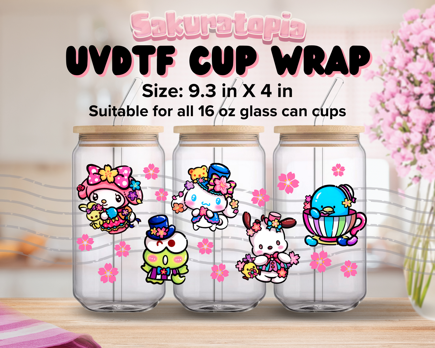 UVDTF Sanrio Anime Cup Wrap, Ready to Use Glass Cup UVDTF transfers for Glass Can | Ready to Apply UVDTF wraps for Libbey Glass