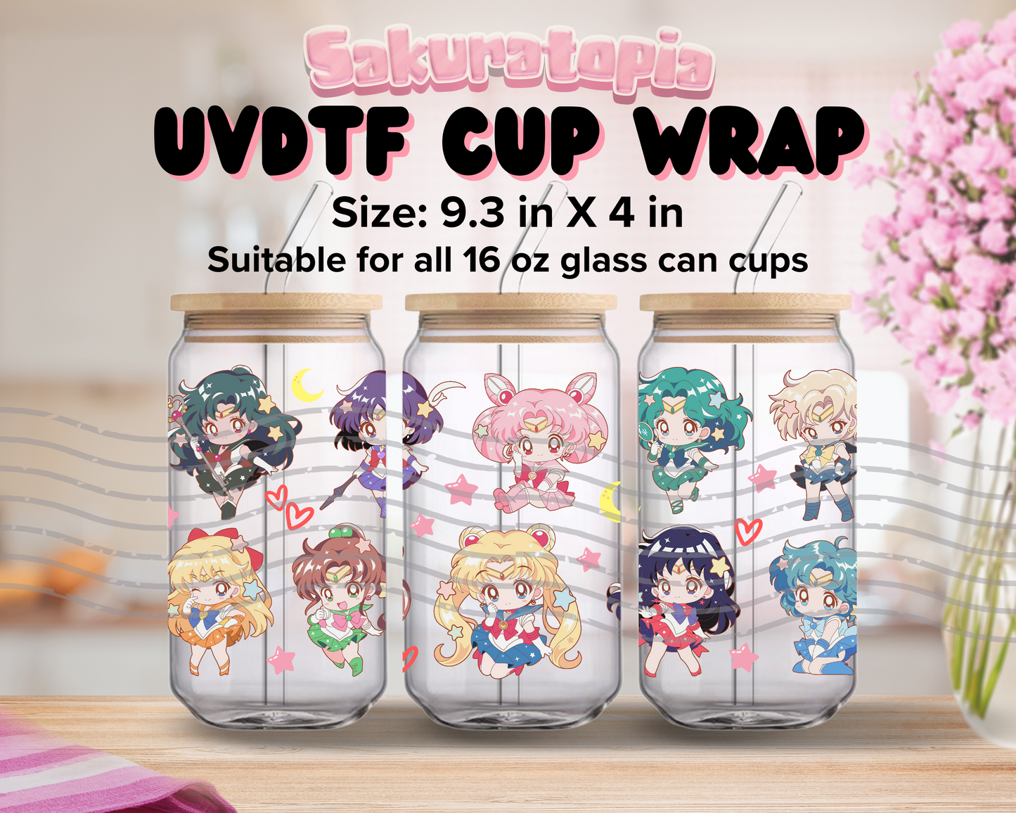 UVDTF Sailor Moon Anime Cup Wrap, Ready to Use Glass Cup UVDTF transfers for Glass Can | Ready to Apply UVDTF wraps for Libbey Glass