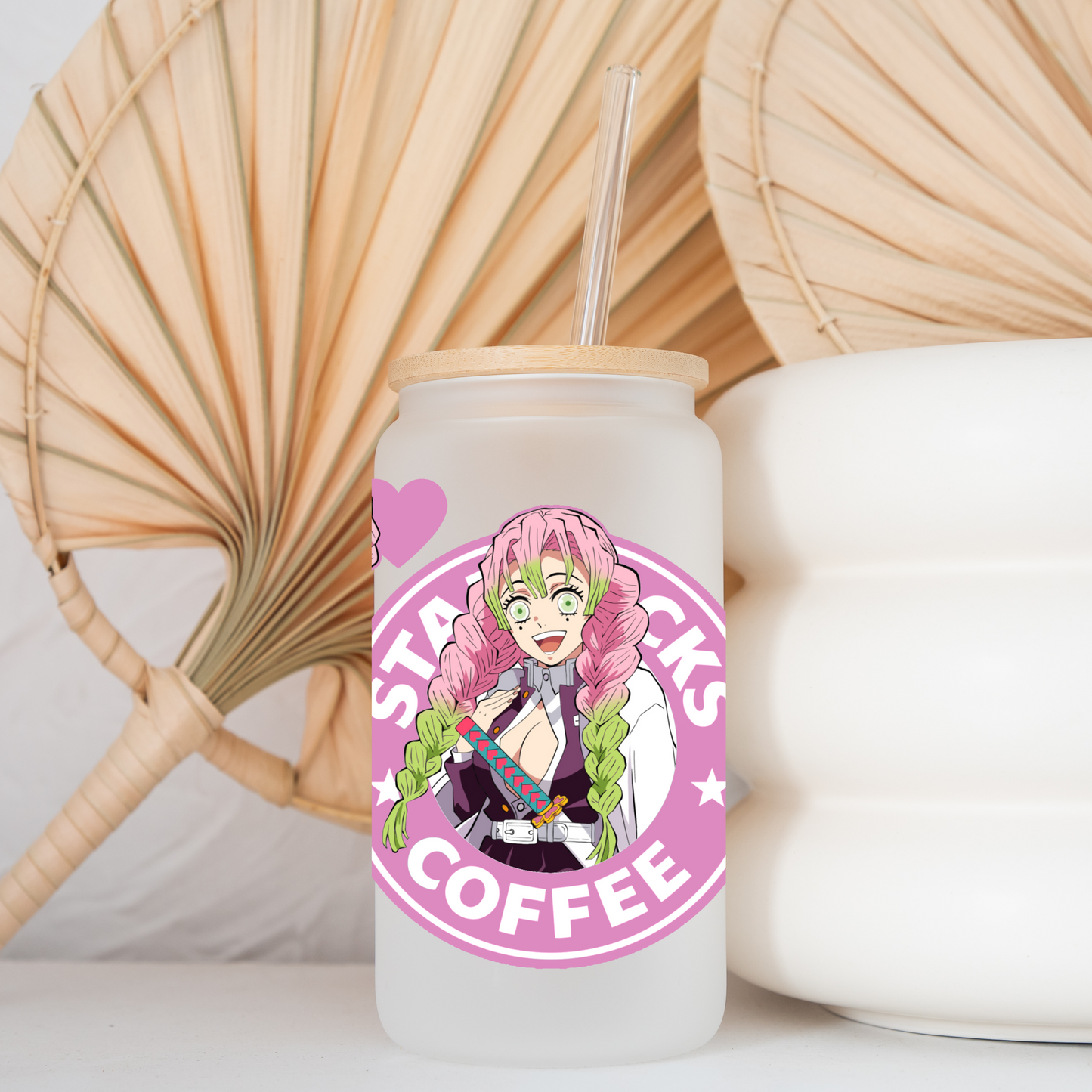 Demon Slayer- Mitsuri Kanroji Anime 16oz Beer Can Glass with Straw and Lid