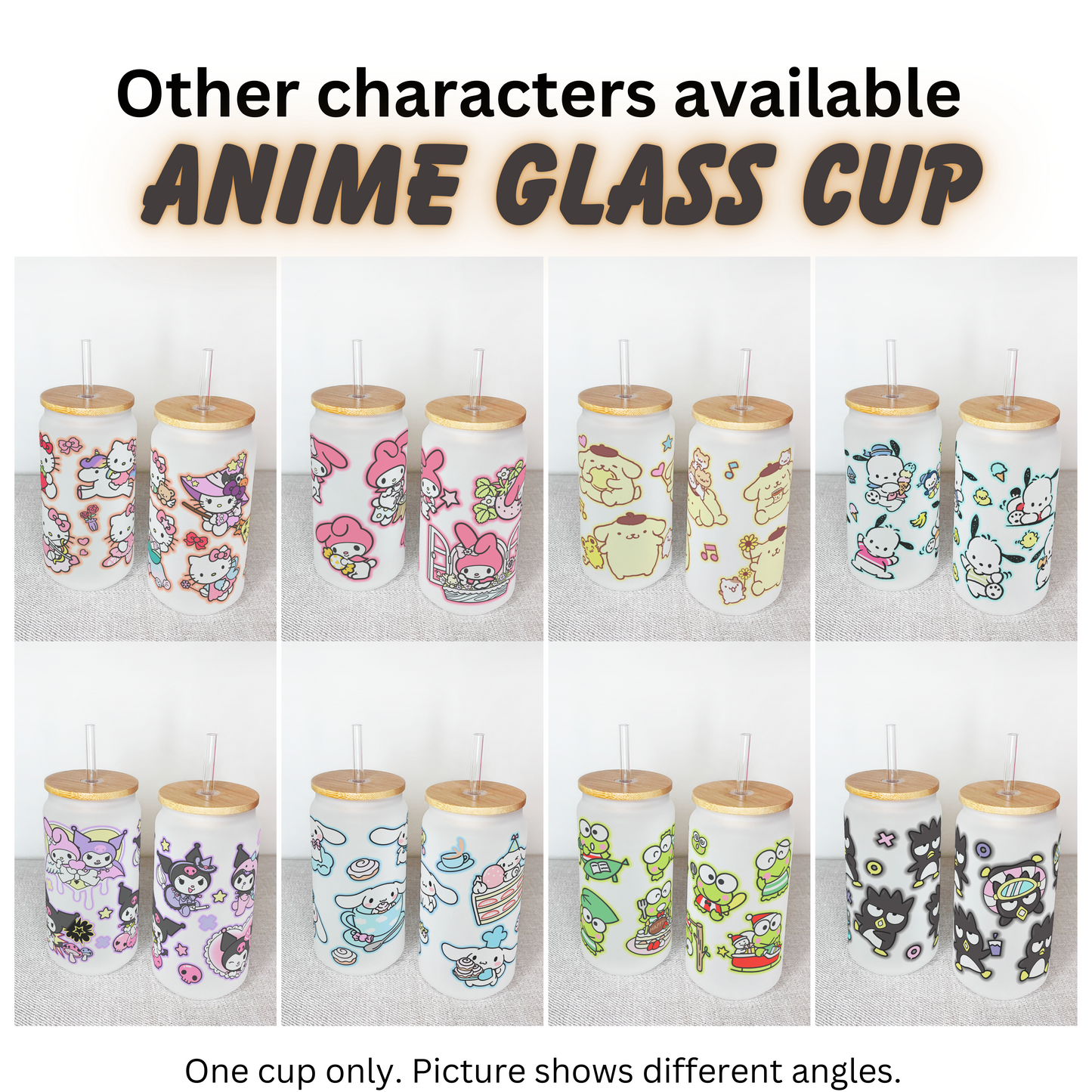 Sanrio Anime Matte/ Frosted Glass cup 16oz Beer Can Glass with Straw and Lid