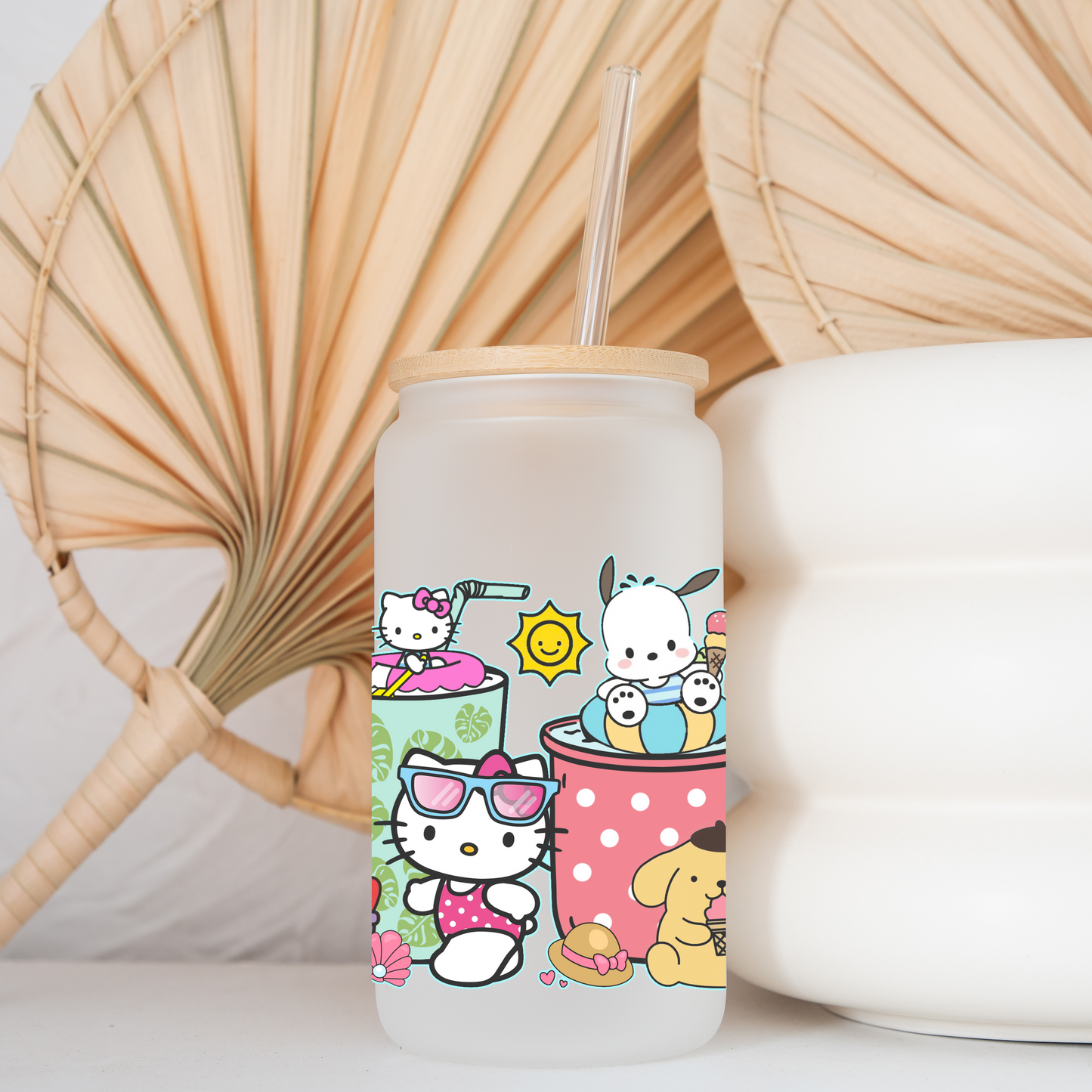 Sanrio Summer Time Anime 16oz Beer Can Glass with Straw and Lid