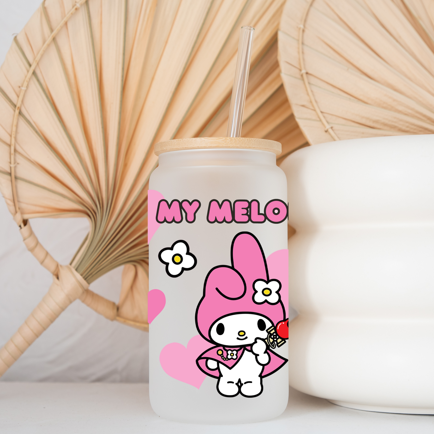 My Melody with Hearts Anime 16oz Beer Can Glass with Straw and Lid