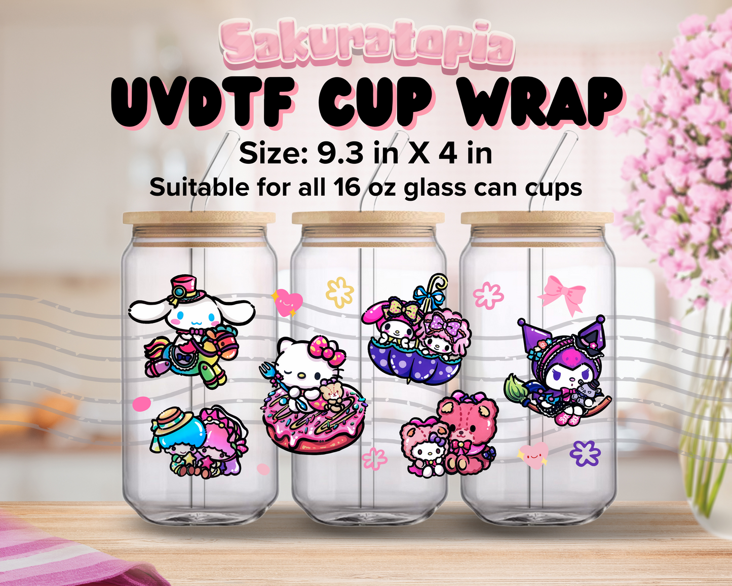 UVDTF Sanrio Anime Cup Wrap, Ready to Use Glass Cup UVDTF transfers for Glass Can | Ready to Apply UVDTF wraps for Libbey Glass