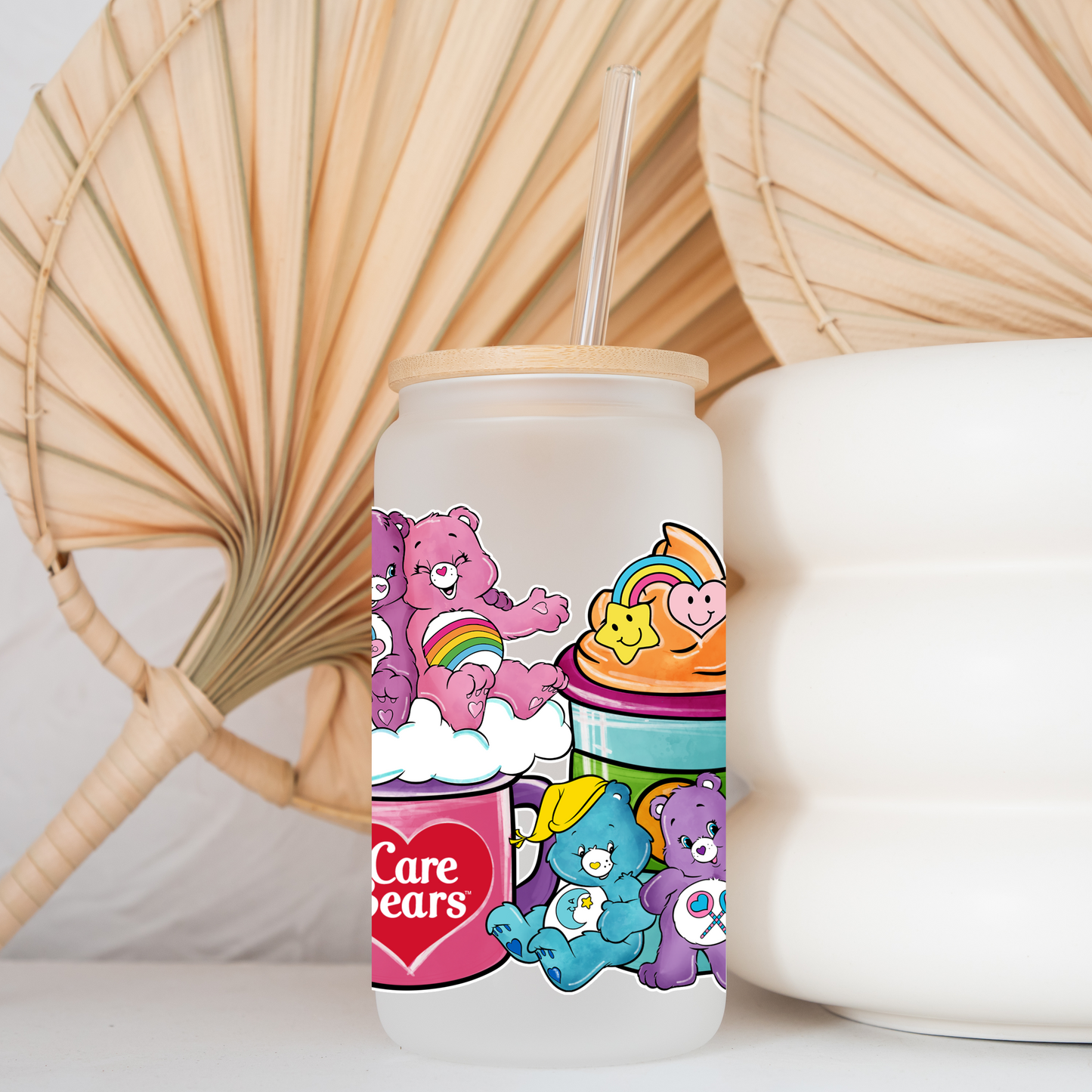 Care Bear Rainbow Coffee cup Anime 16oz Beer Can Glass with Straw and Lid