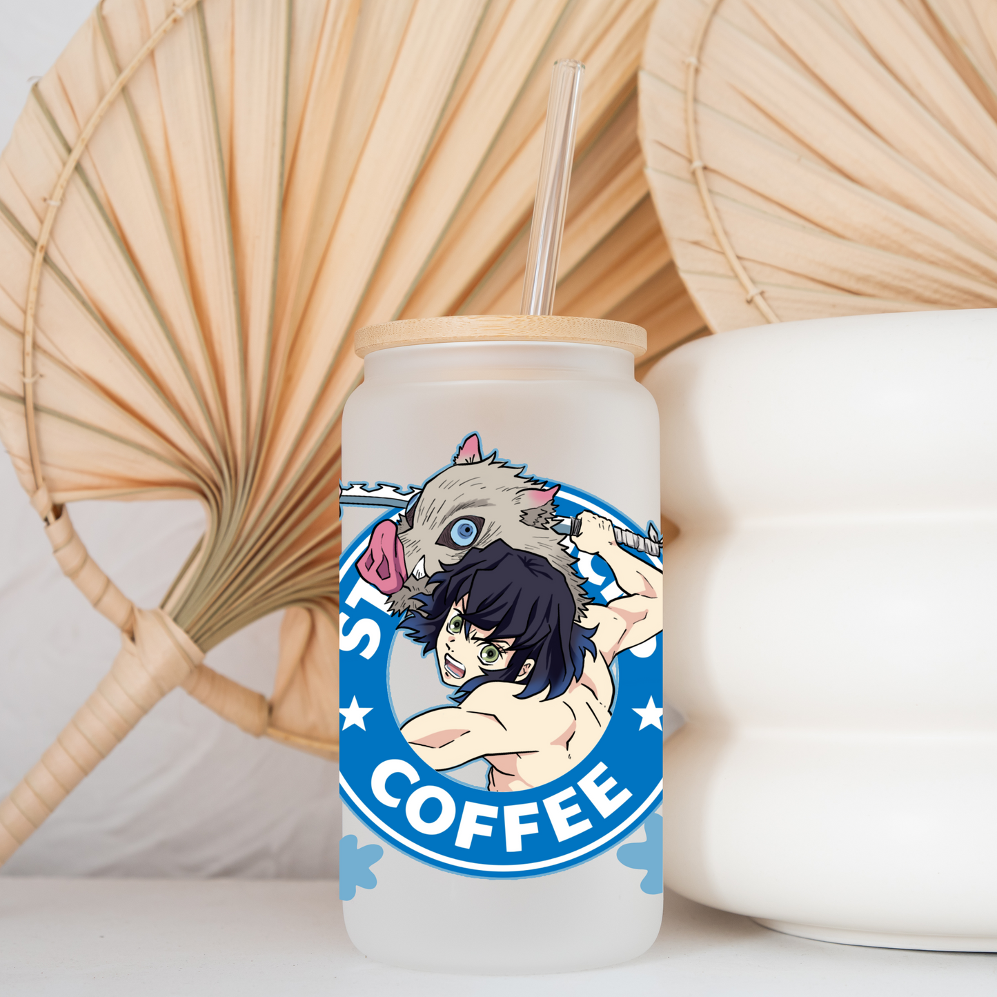 Demon Slayer-Inosuke Anime 16oz Beer Can Glass with Straw and Lid