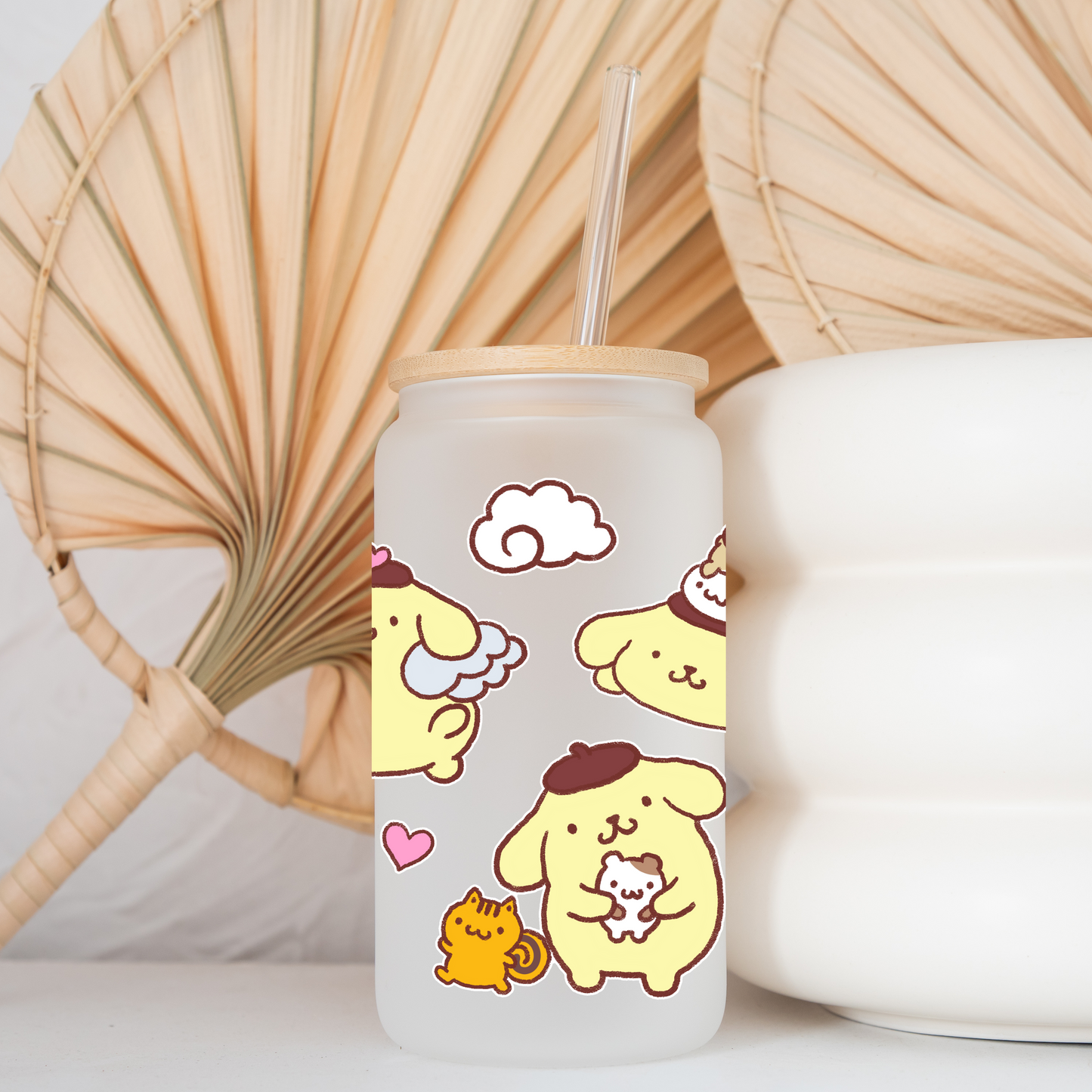Pompompurin Anime 16oz Beer Can Glass with Straw and Lid