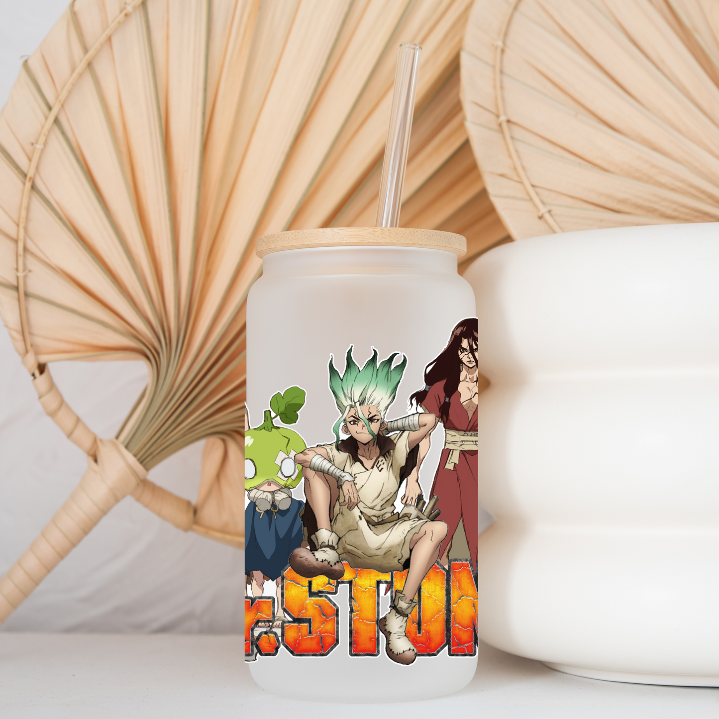 Dr. Stone Anime 16oz Beer Can Glass with Straw and Lid