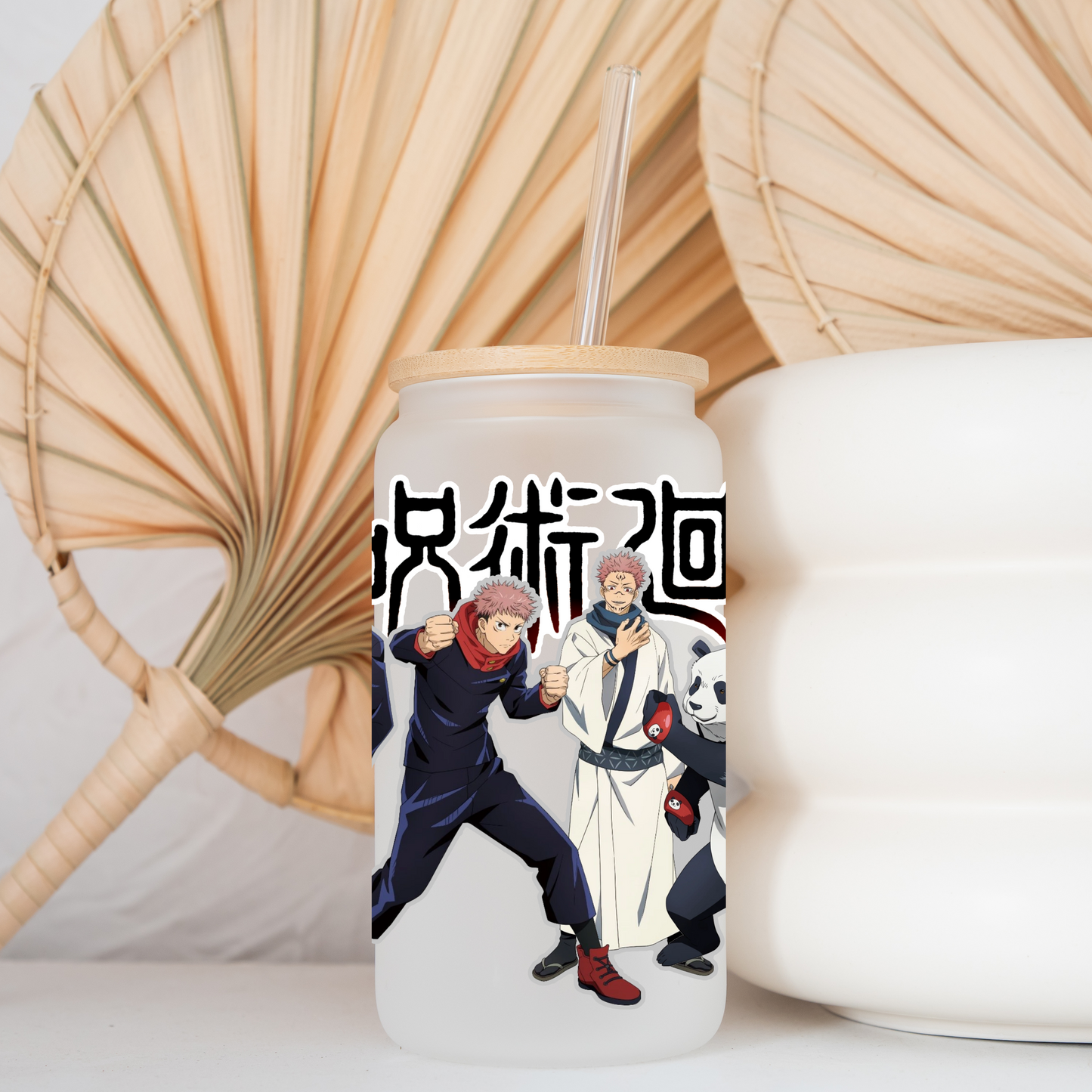 Jujutsu Kaisen Anime 16oz Beer Can Glass with Straw and Lid