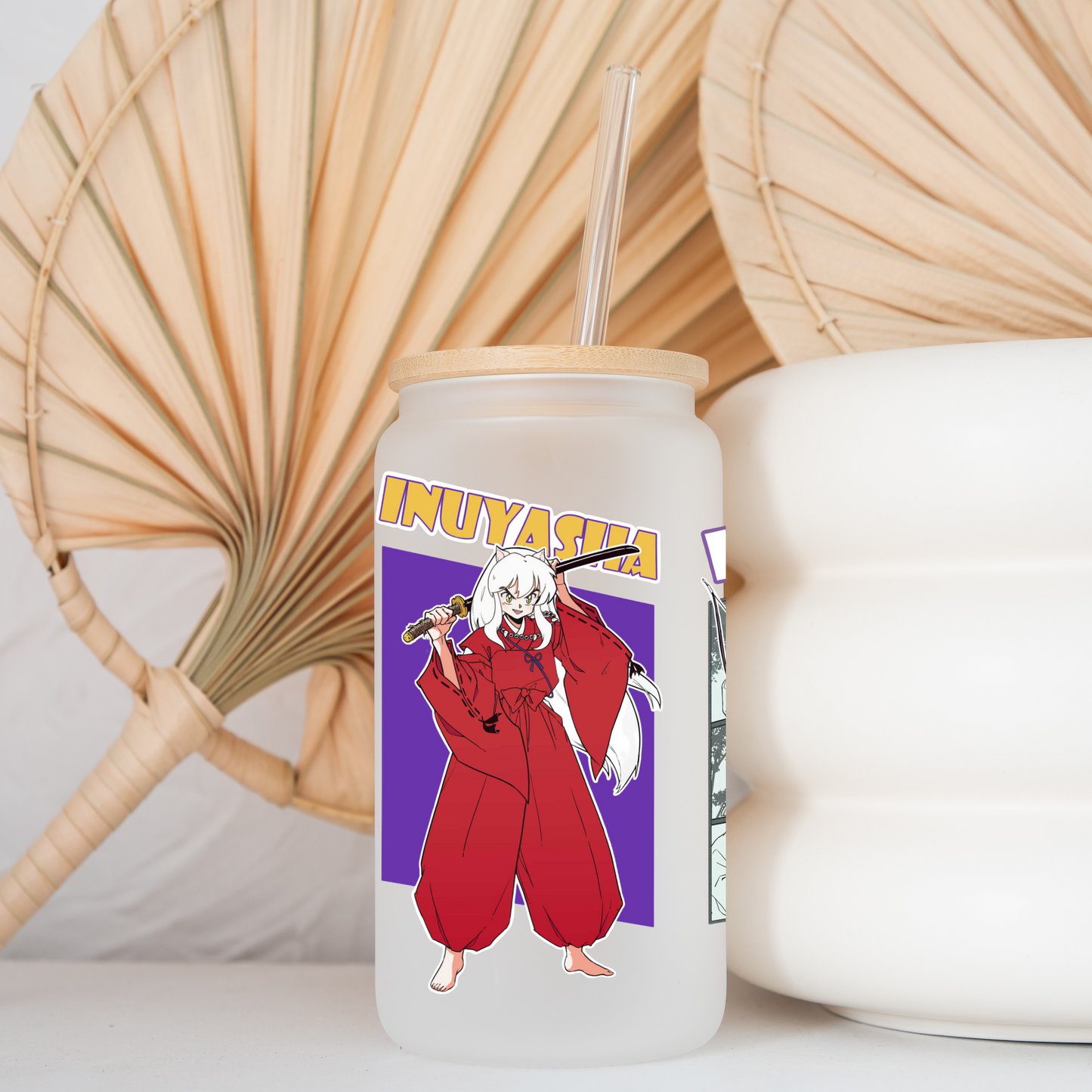 Inuyasha Anime 16oz Beer Can Glass with Straw and Lid