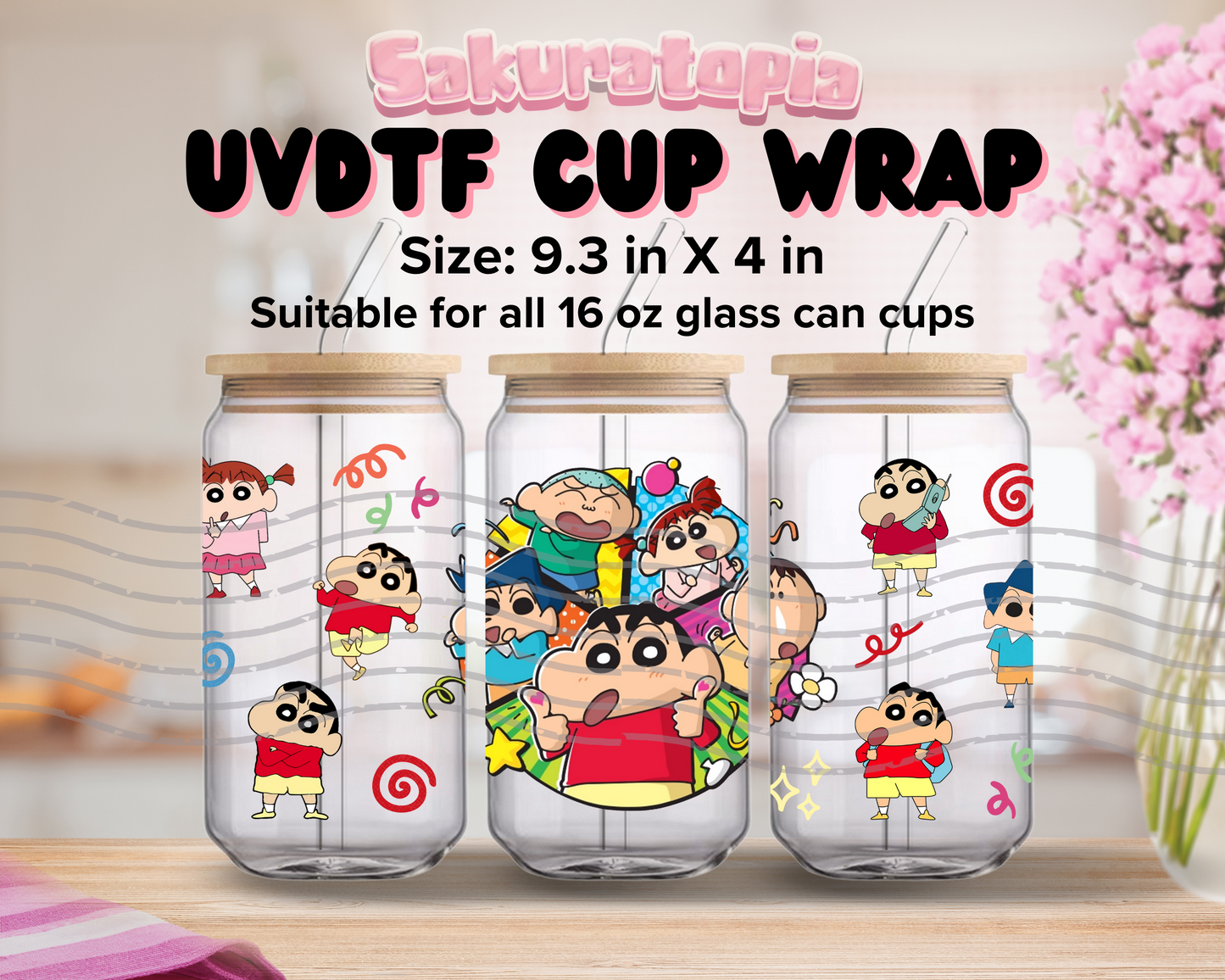UVDTF Crayon Shin-chan Anime Cup Wrap, Ready to Use Glass Cup UVDTF transfers for Glass Can | Ready to Apply UVDTF wraps for Libbey Glass