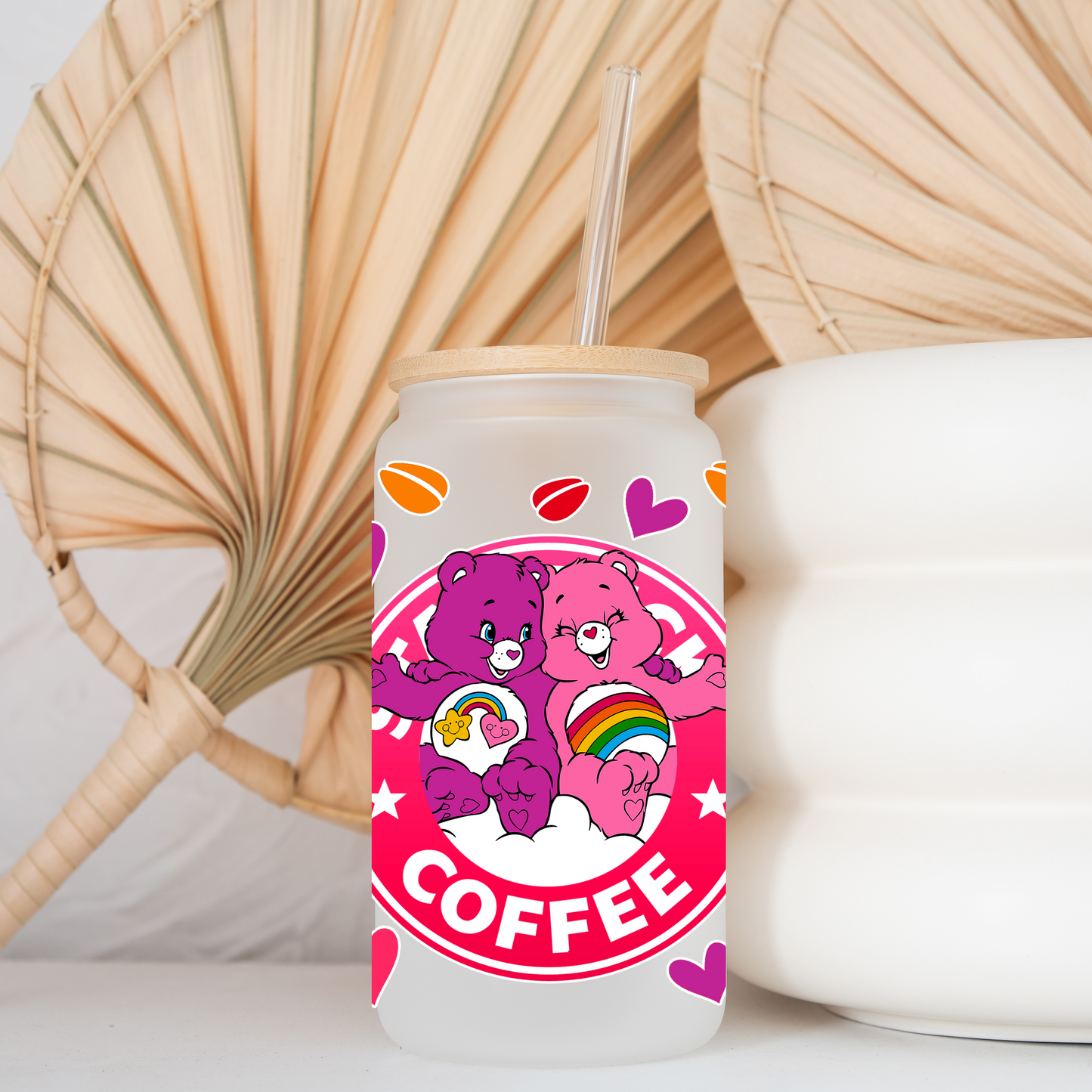 Care Bear Starbucks Coffee Anime 16oz Beer Can Glass with Straw and Lid