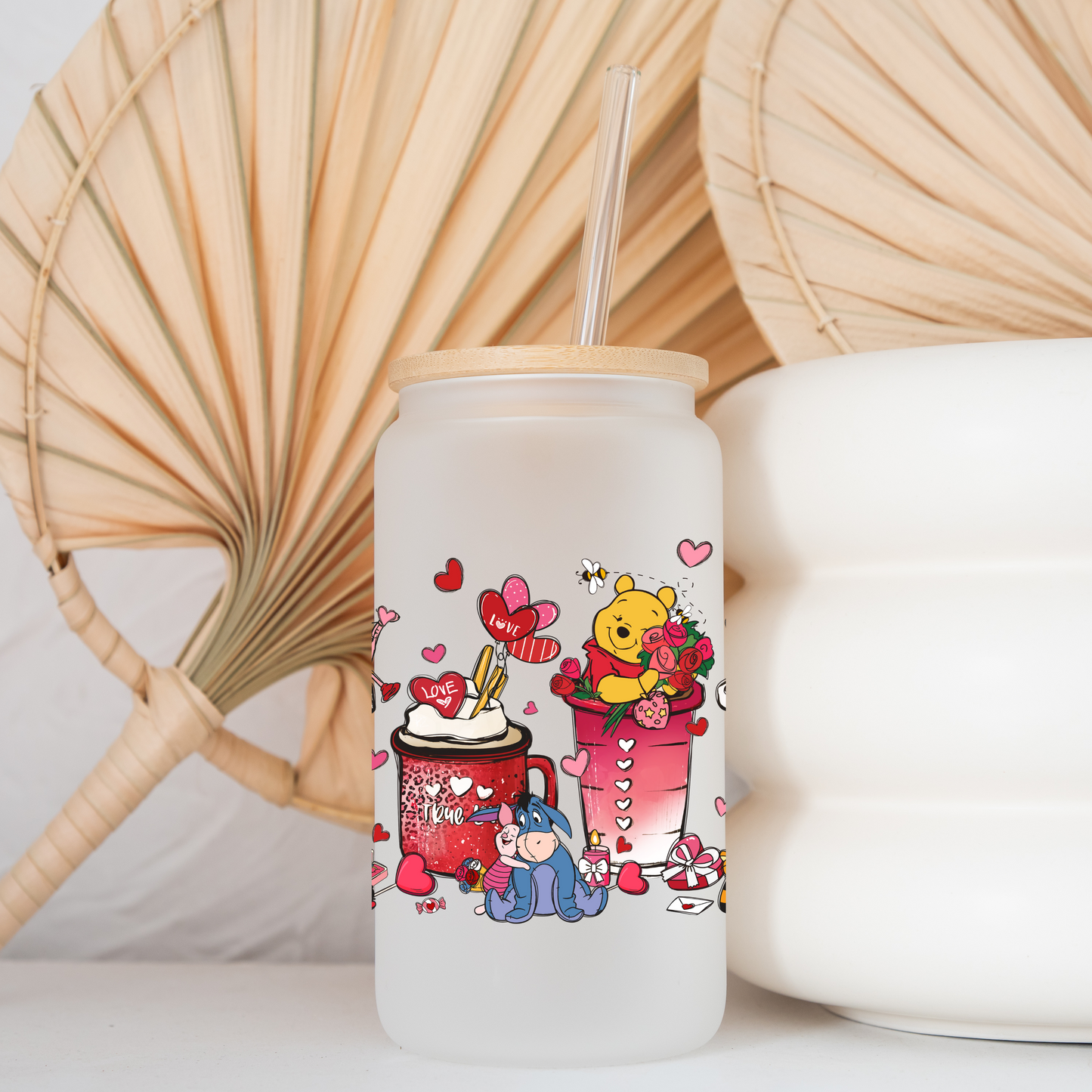 Disney Winnie The Pooh love cup Anime 16oz Beer Can Glass with Straw and Lid