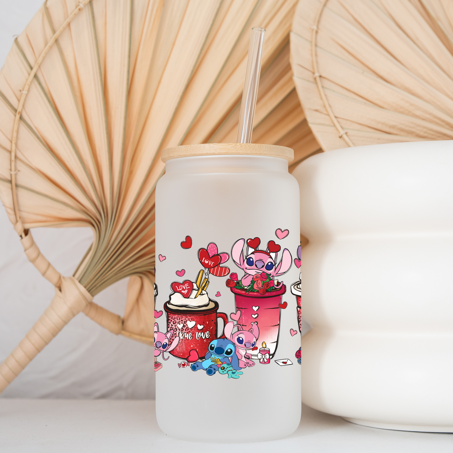 Disney Stitch Love Coffee Cup Anime 16oz Beer Can Glass with Straw and Lid