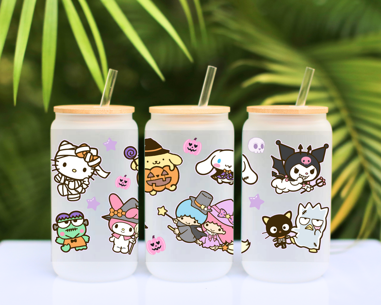 Sanrio Halloween Anime 16oz Beer Can Glass with Straw and Lid