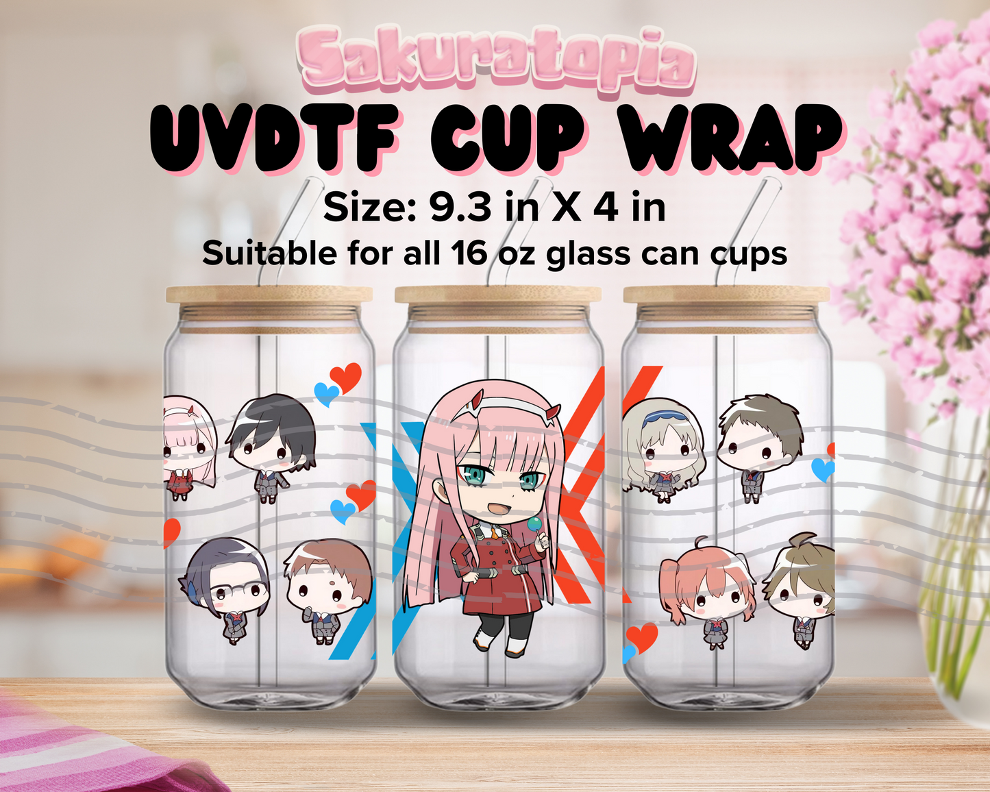UVDTF Darling in the Franxx Anime Cup Wrap, Ready to Use Glass Cup UVDTF transfers for Glass Can | Ready to Apply UVDTF wraps for Libbey Glass
