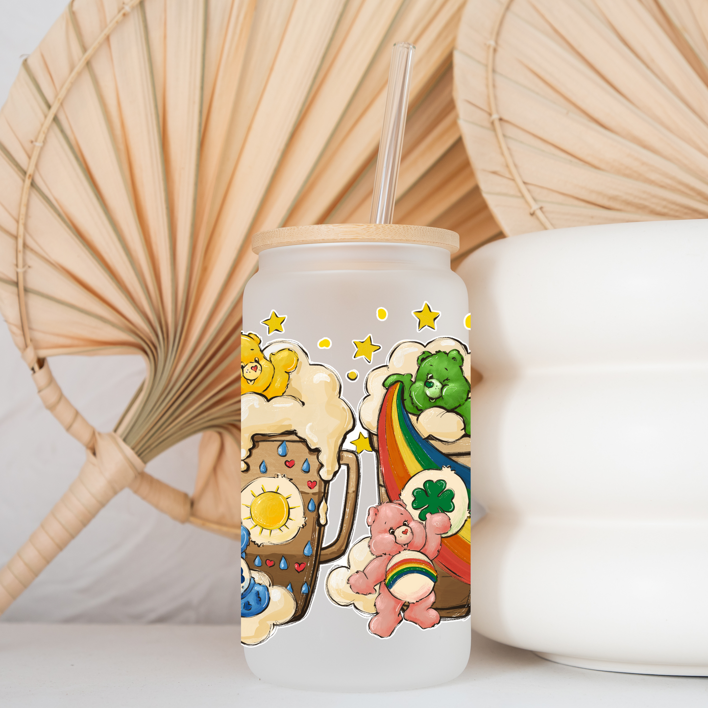 Care Bear Stars Coffee cup Anime 16oz Beer Can Glass with Straw and Lid