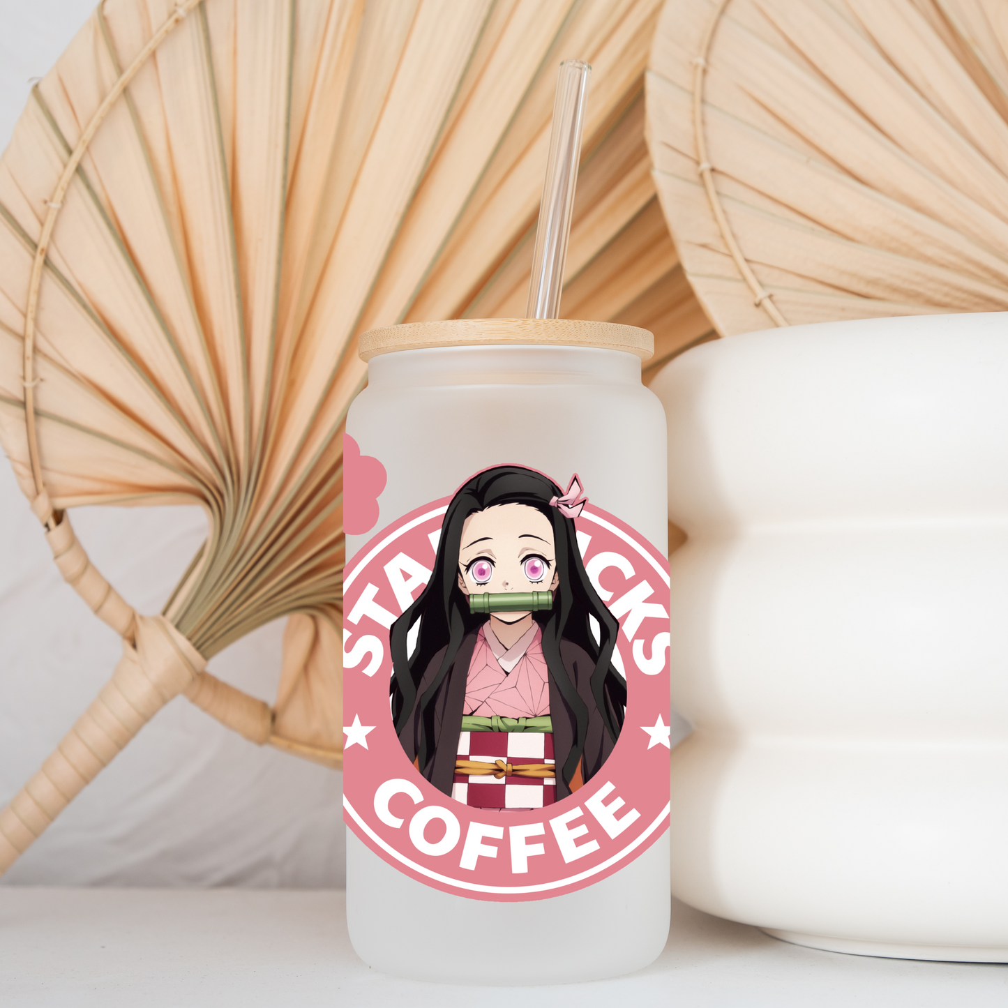Demon Slayer- Nezuko Kamado Anime 16oz Beer Can Glass with Straw and Lid