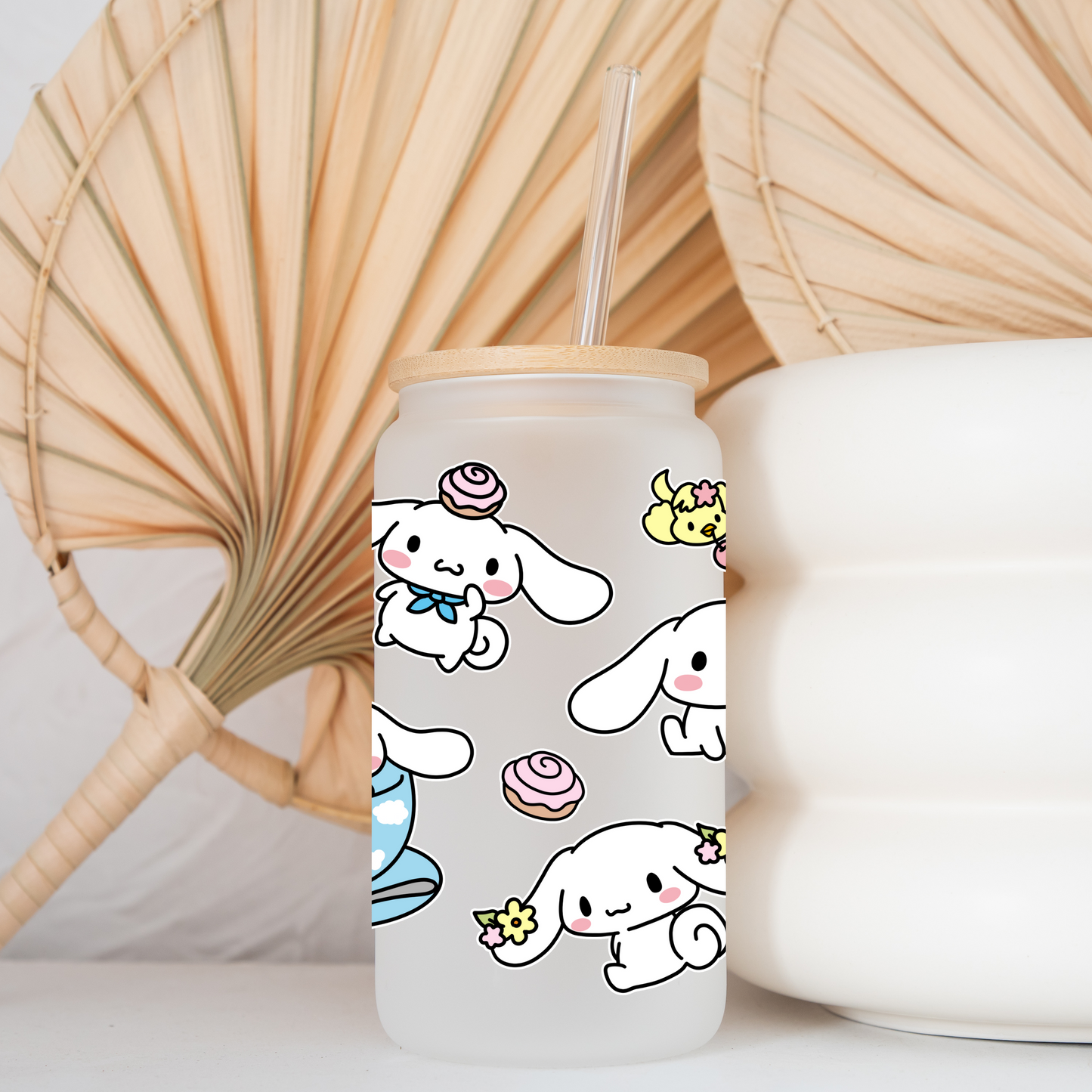 Cinnamoroll Anime 16oz Beer Can Glass with Straw and Lid