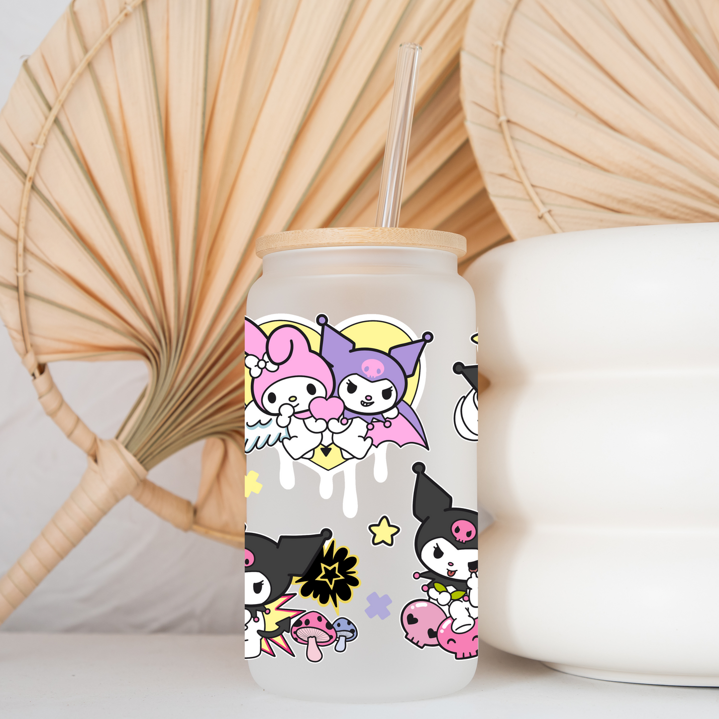 Kuromi & Melody love hearts Anime 16oz Beer Can Glass with Straw and Lid