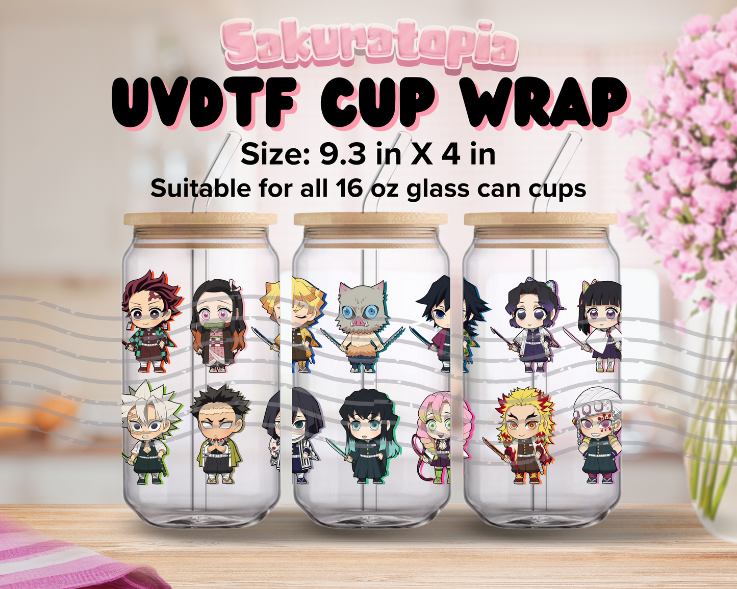 UVDTF Demon Slayer Anime Cup Wrap, Ready to Use Glass Cup UVDTF transfers for Glass Can | Ready to Apply UVDTF wraps for Libbey Glass