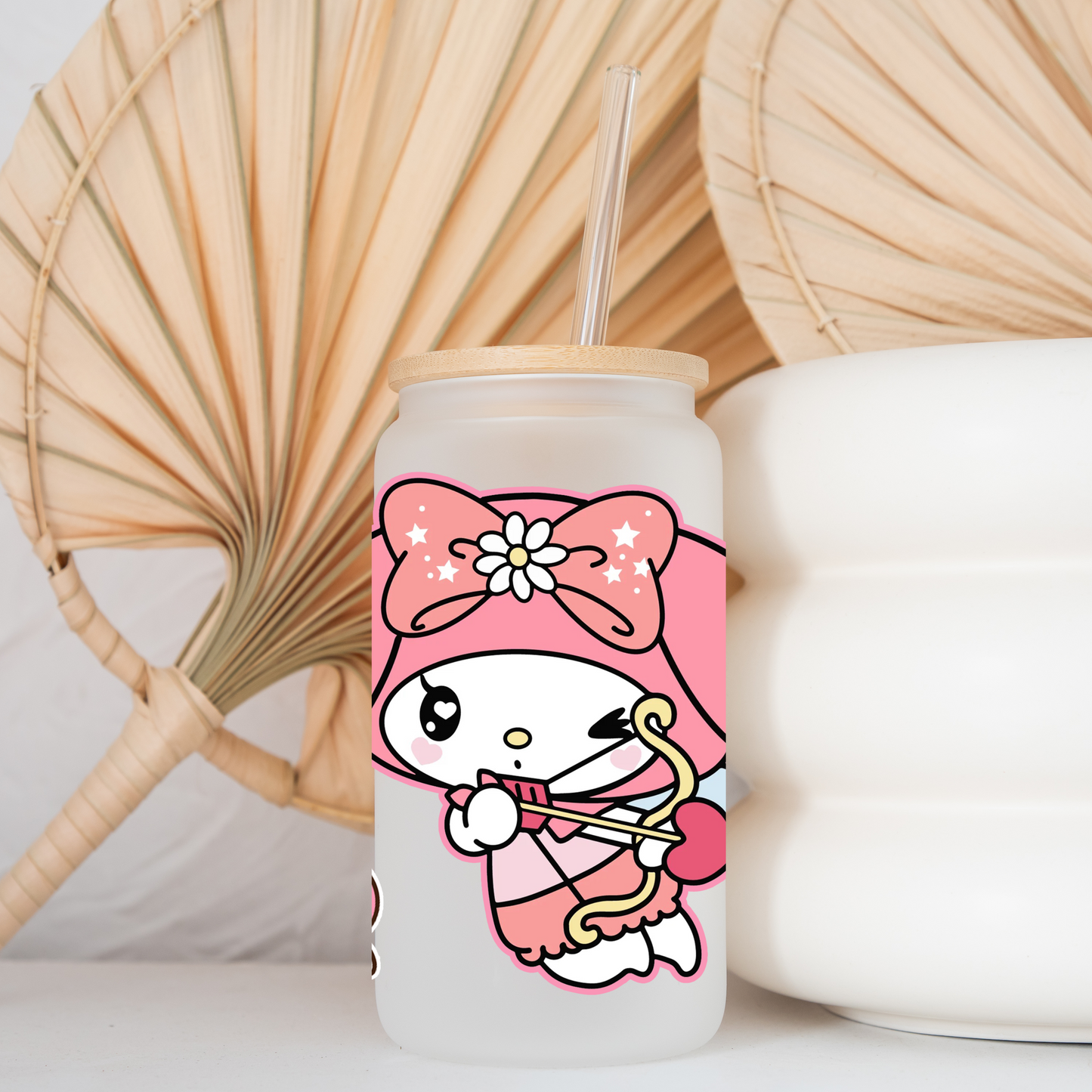 My melody love cupid Anime 16oz Beer Can Glass with Straw and Lid