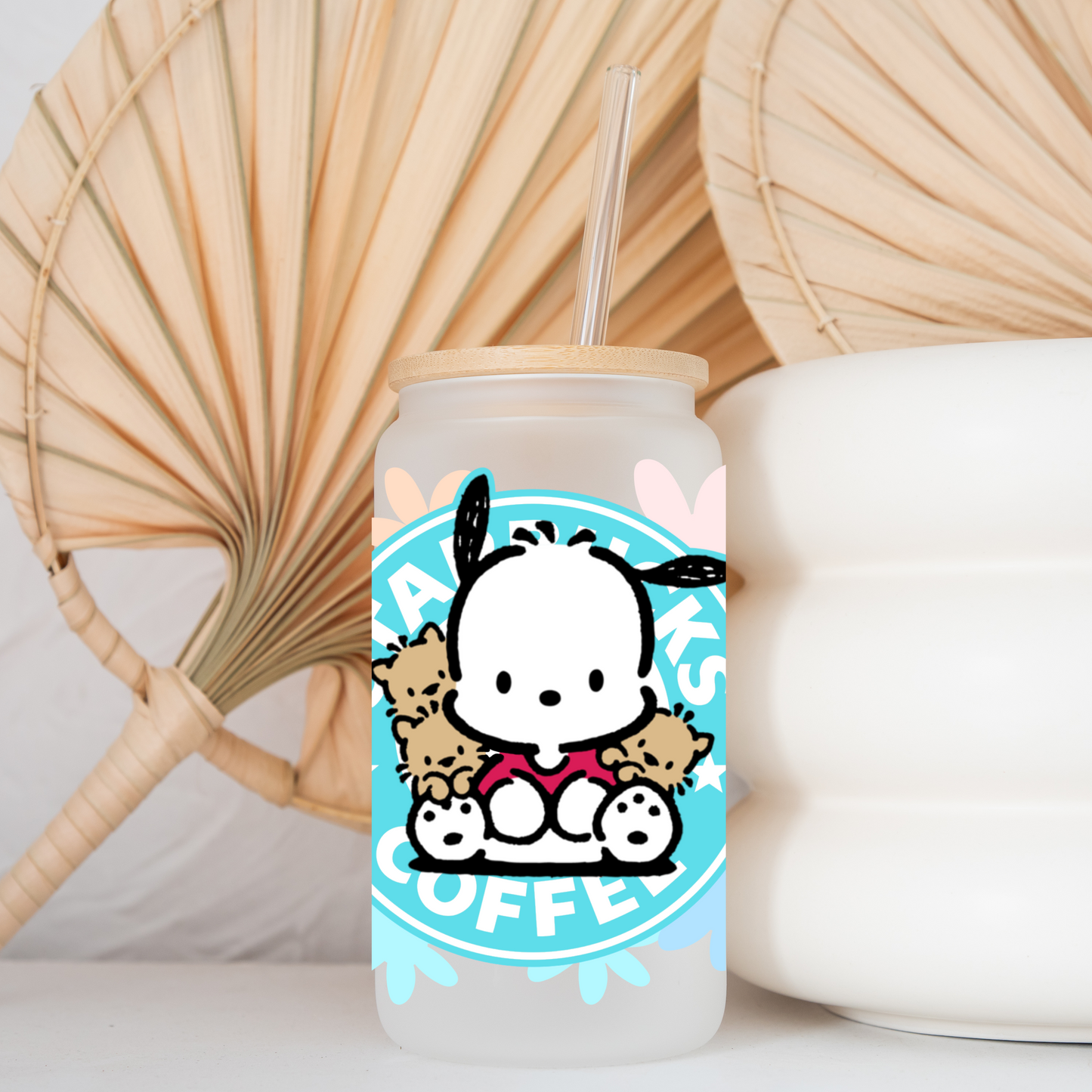 Pochacco with flowers Anime 16oz Beer Can Glass with Straw and Lid