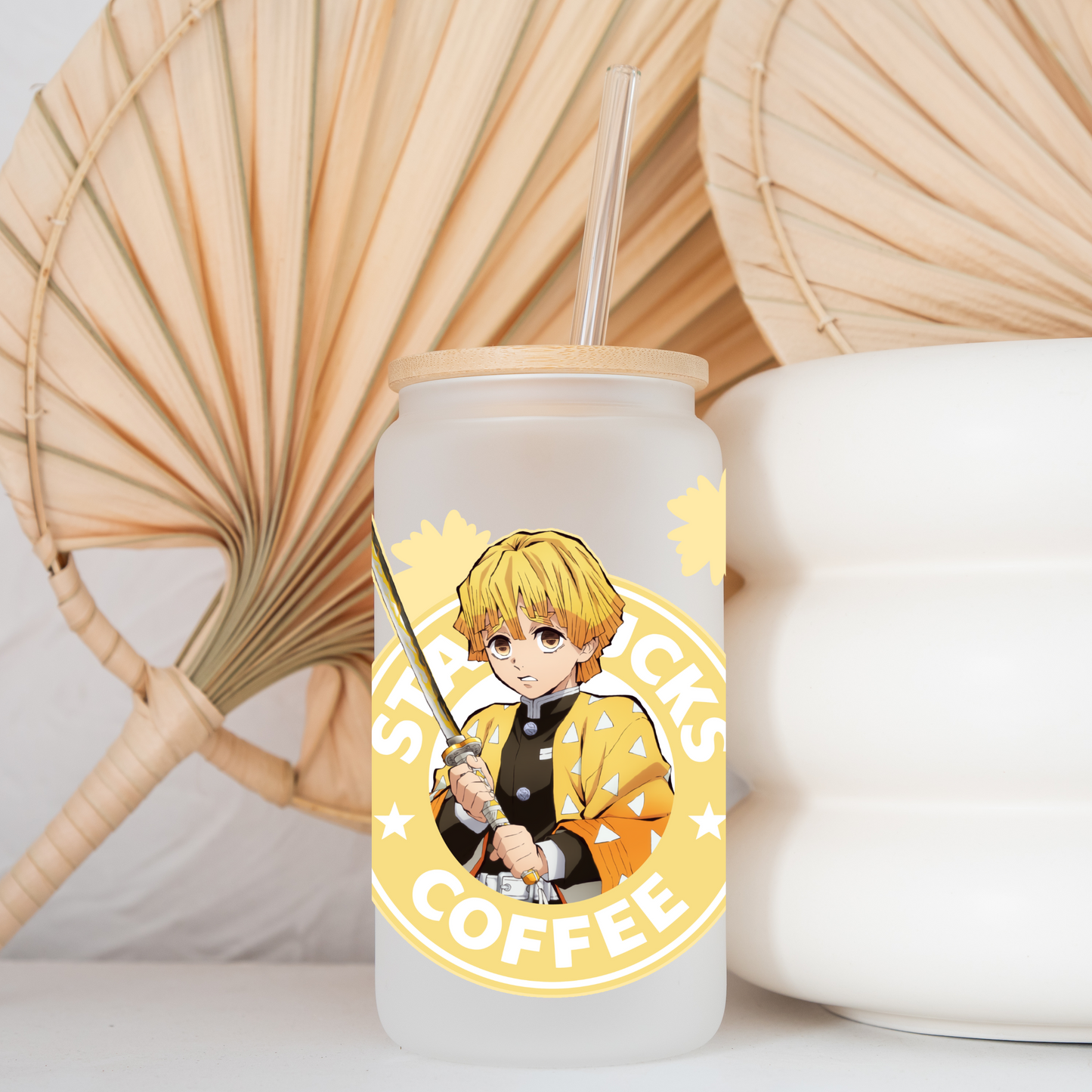 Demon Slayer- Zenitsu Agatsuma Anime 16oz Beer Can Glass with Straw and Lid
