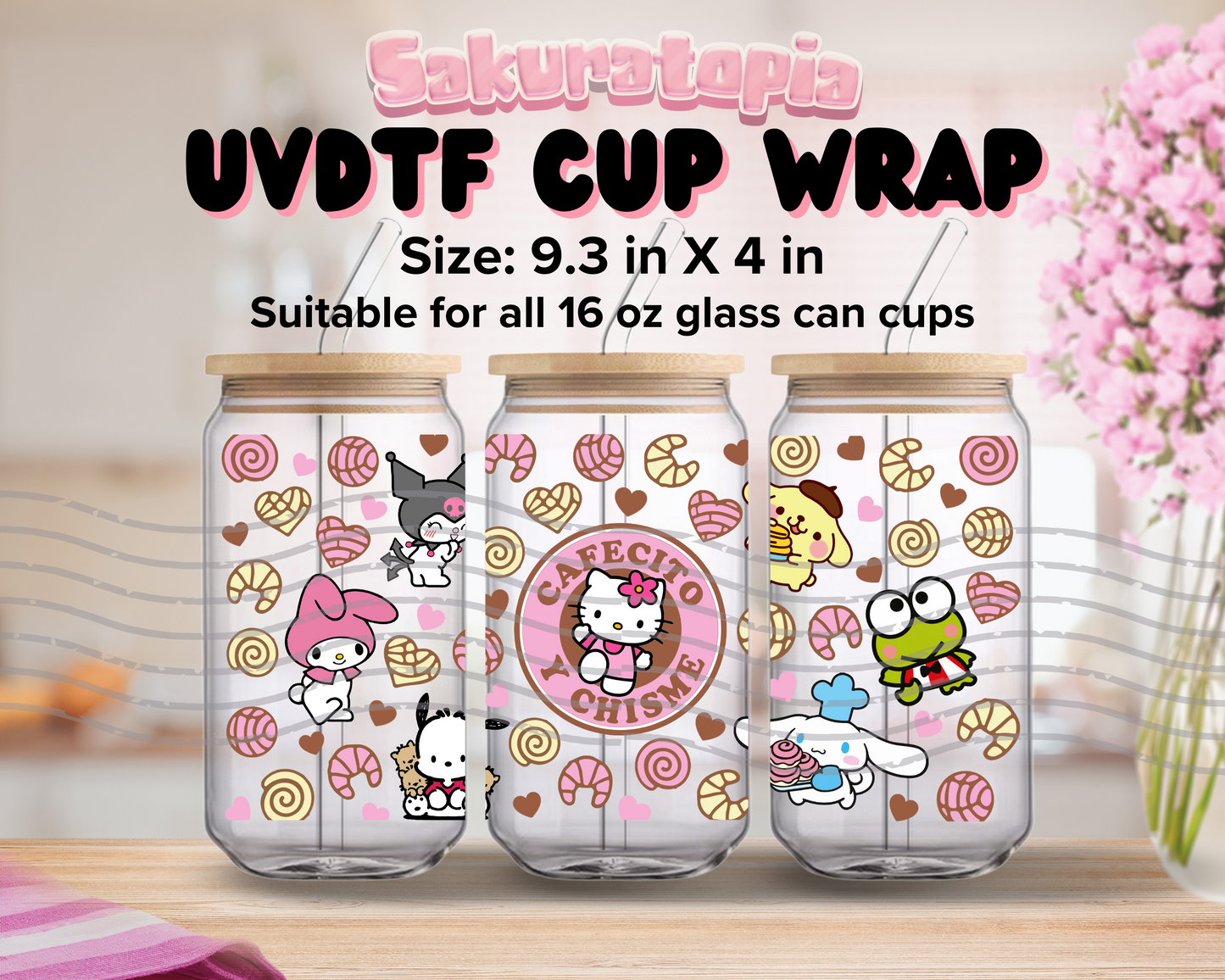 UVDTF Sanrio Anime Cup Wrap, Ready to Use Glass Cup UVDTF transfers for Glass Can | Ready to Apply UVDTF wraps for Libbey Glass