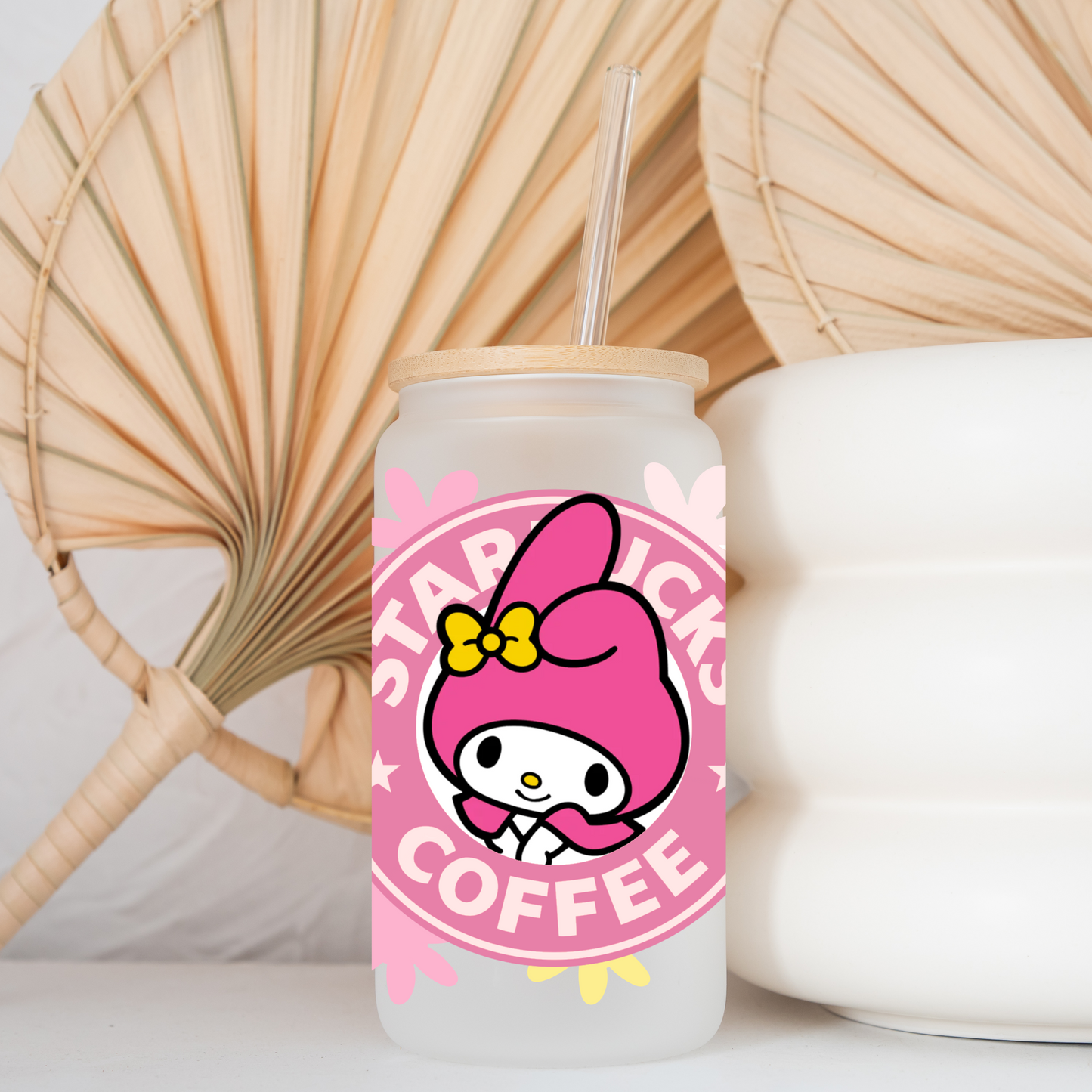 My Melody with Flowers Anime 16oz Beer Can Glass with Straw and Lid