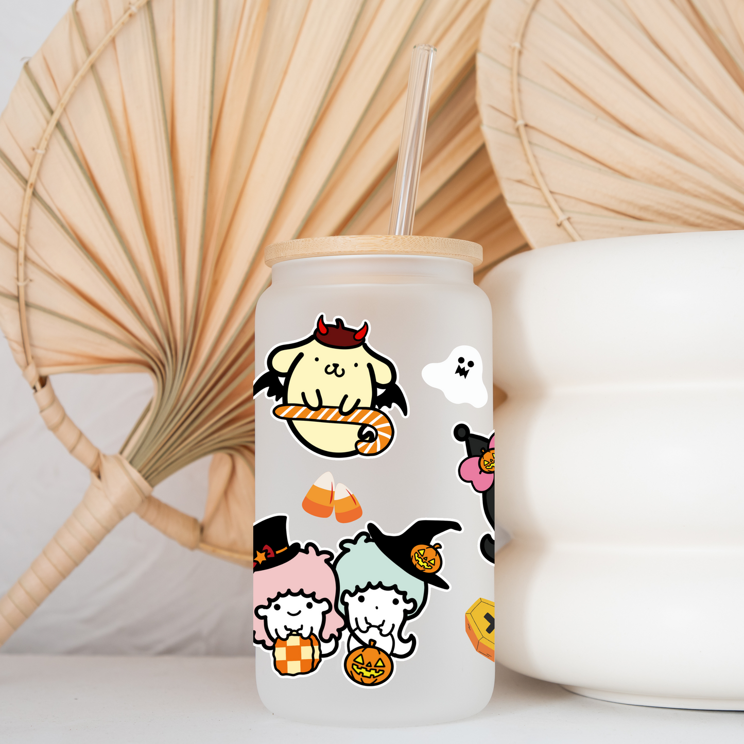 Sanrio-Halloween Sanrio family Anime 16oz Beer Can Glass with Straw and Lid