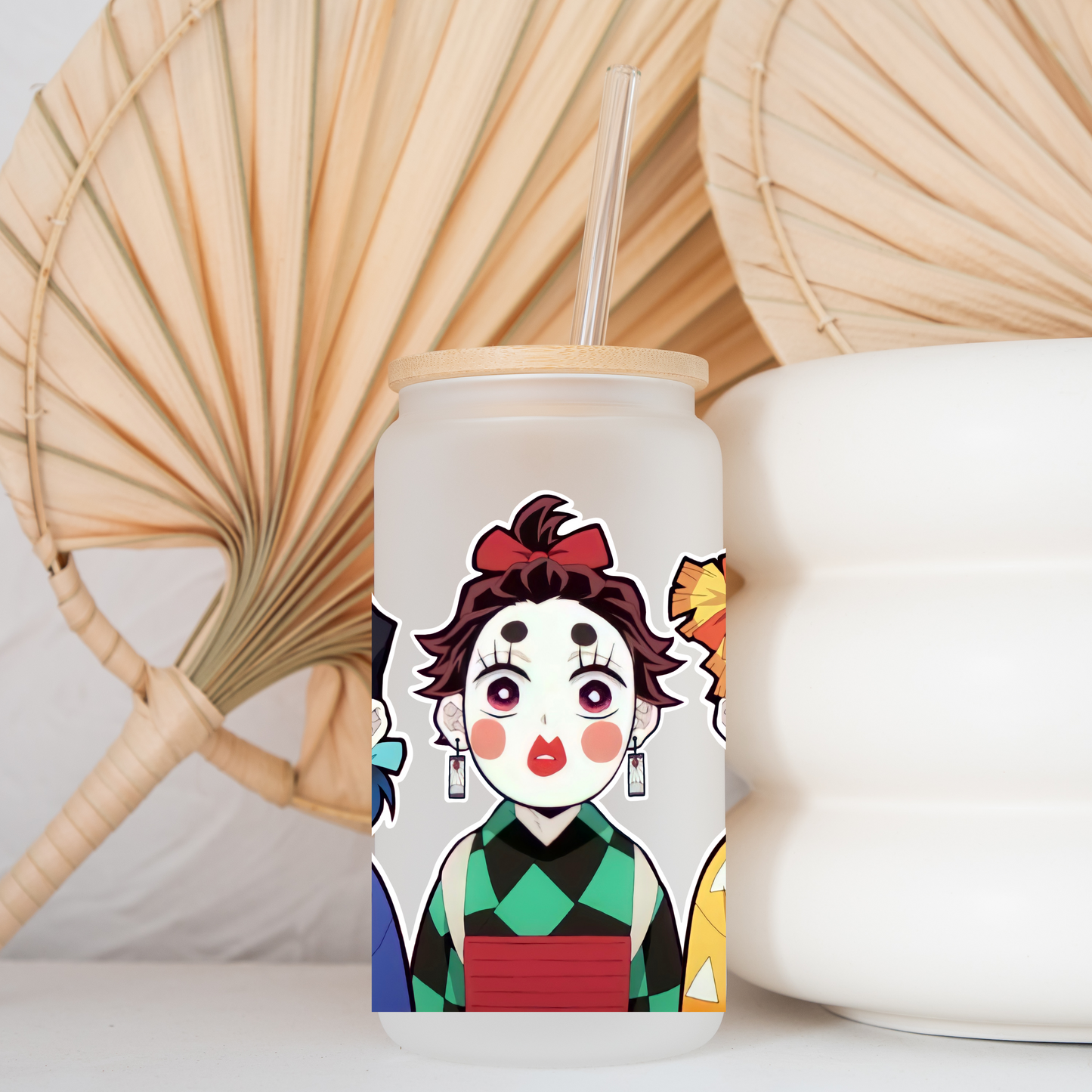 Demon Slayer Tanjiro, Zenitsu & InosukeAnime 16oz Beer Can Glass with Straw and Lid
