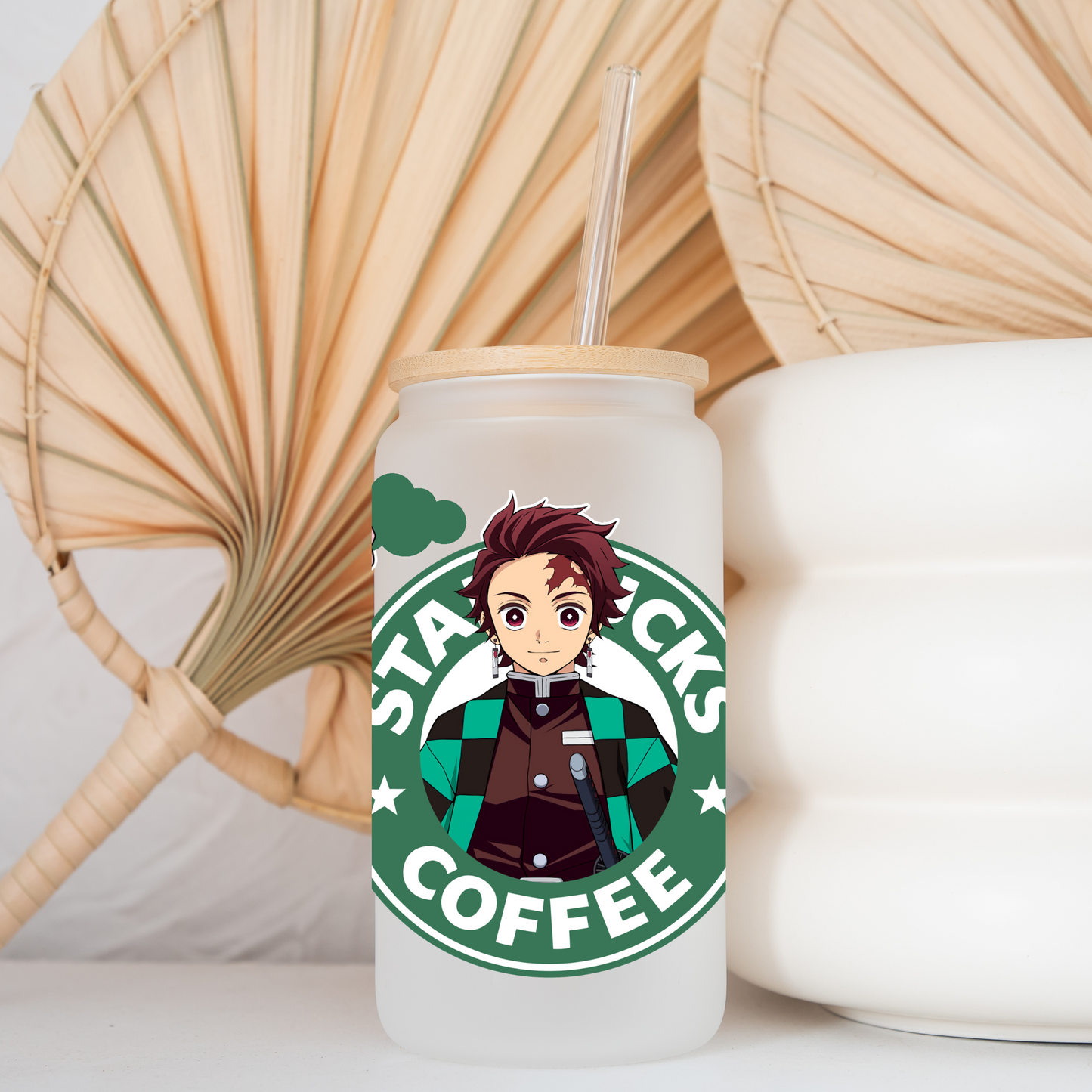 Demon Slayer- Tanjiro Kamado Anime 16oz Beer Can Glass with Straw and Lid