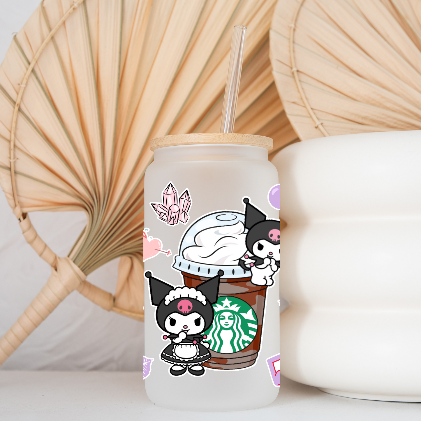 Kuromi with Starbucks Coffee cup  Anime 16oz Beer Can Glass with Straw and Lid
