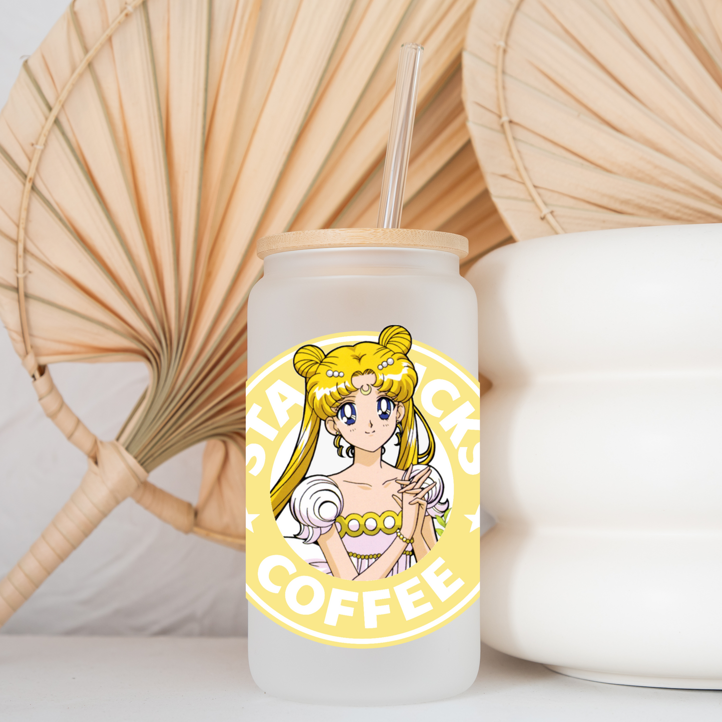 Sailor Moon Yellow Starbucks Anime 16oz Beer Can Glass with Straw and Lid