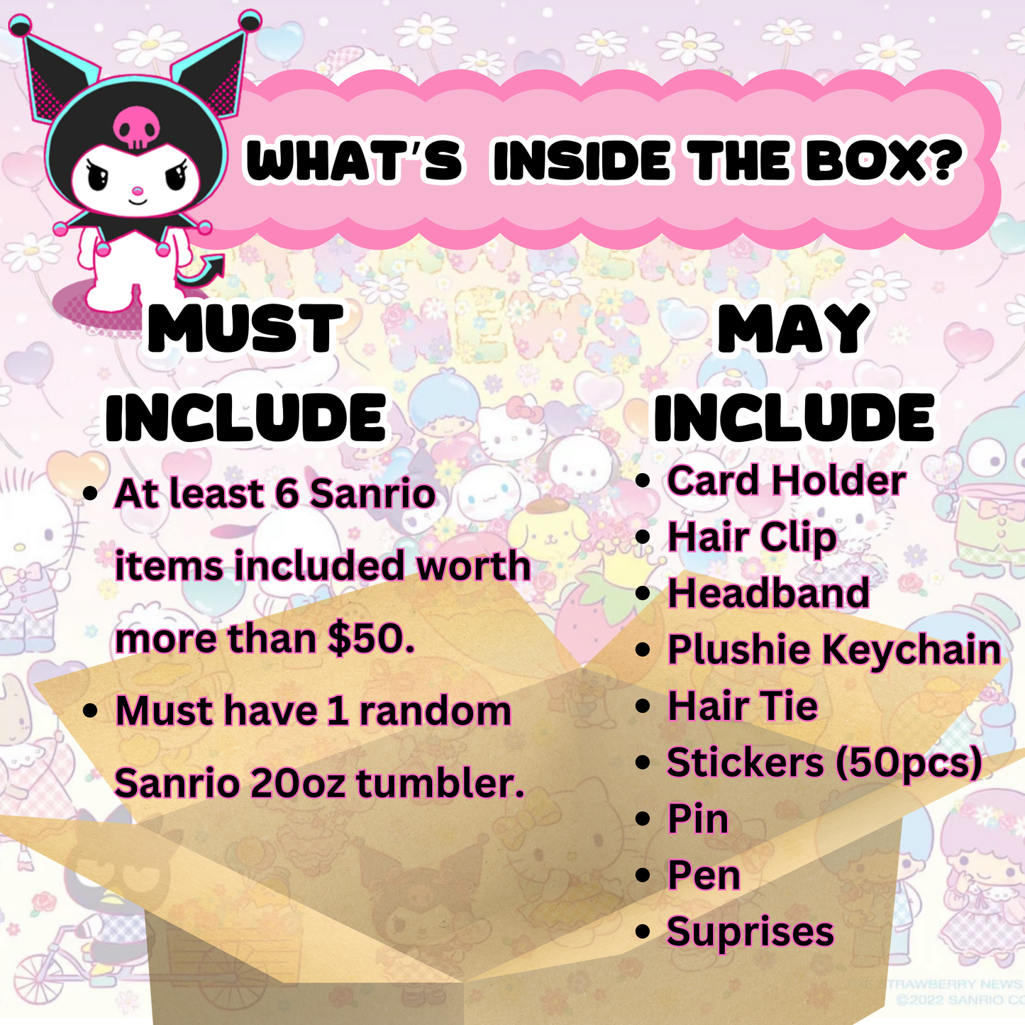Blind Date with Sanrio Mystery Box – 20oz Tumbler + 5 Surprise Sanrio Merch Items