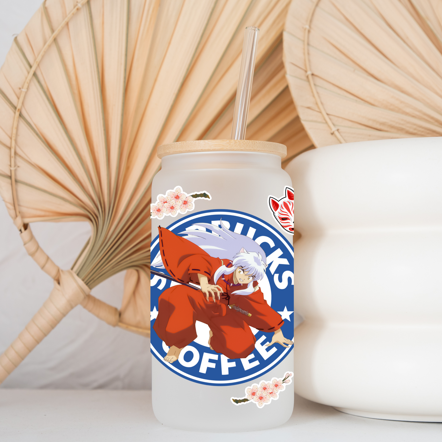 Inuyasha Starbucks Coffee Anime 16oz Beer Can Glass with Straw and Lid