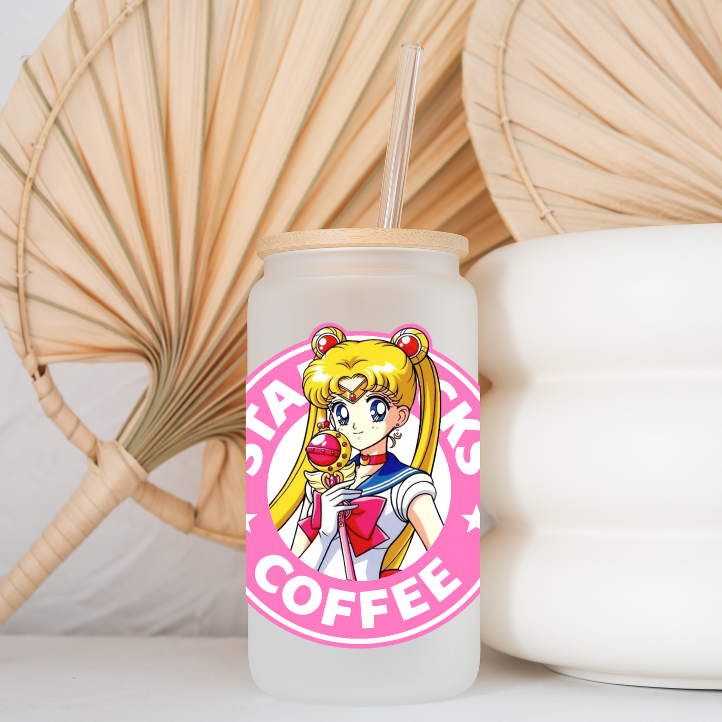Sailor Moon Pink Starbucks Anime 16oz Beer Can Glass with Straw and Lid