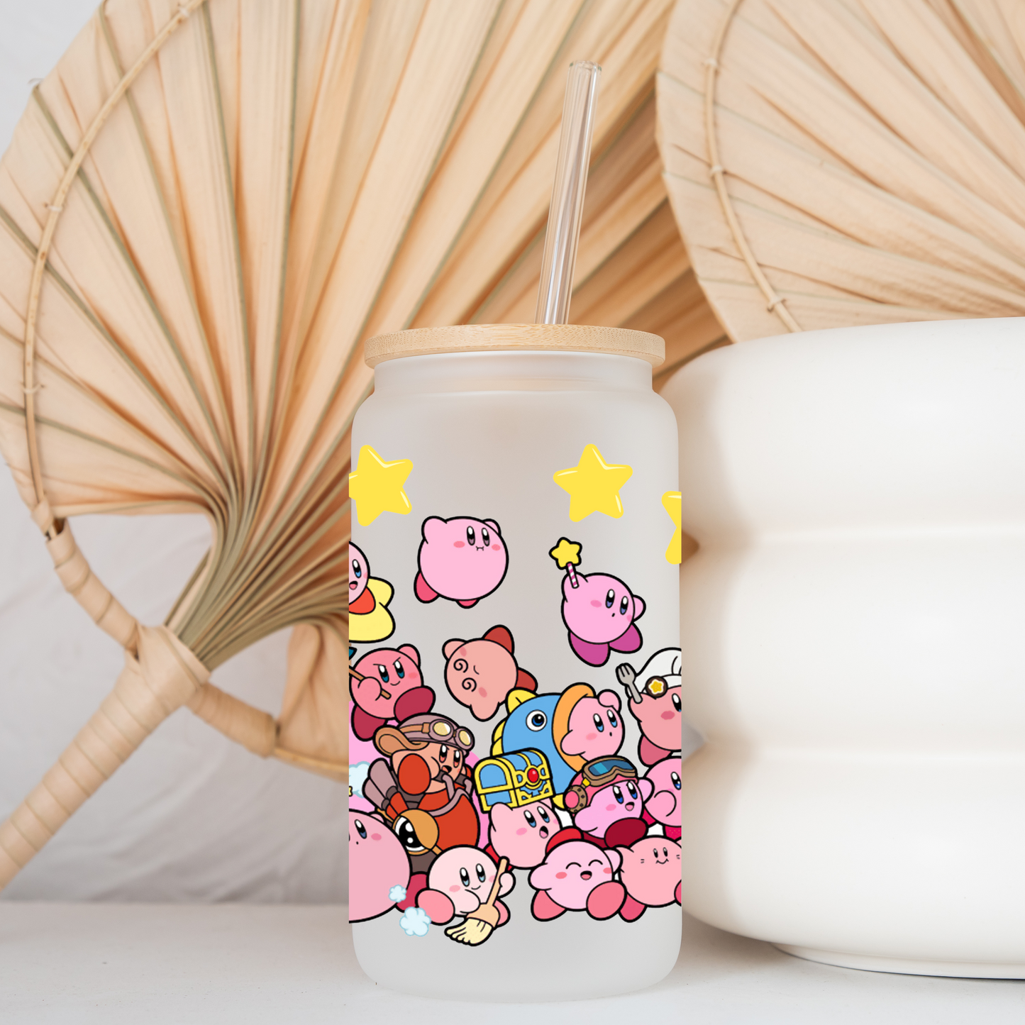Kirby with Stars Anime 16oz Beer Can Glass with Straw and Lid
