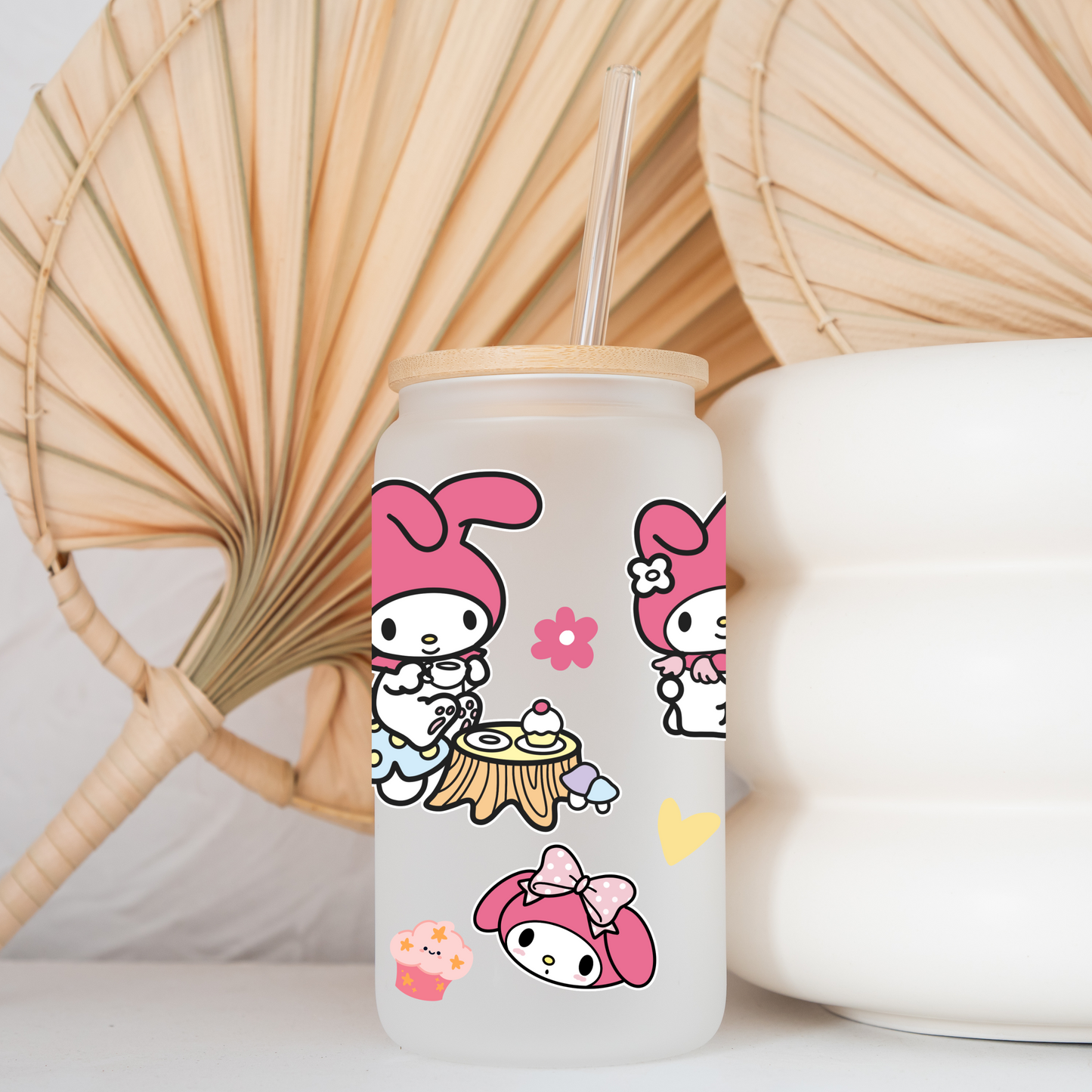 My Melody Anime 16oz Beer Can Glass with Straw and Lid