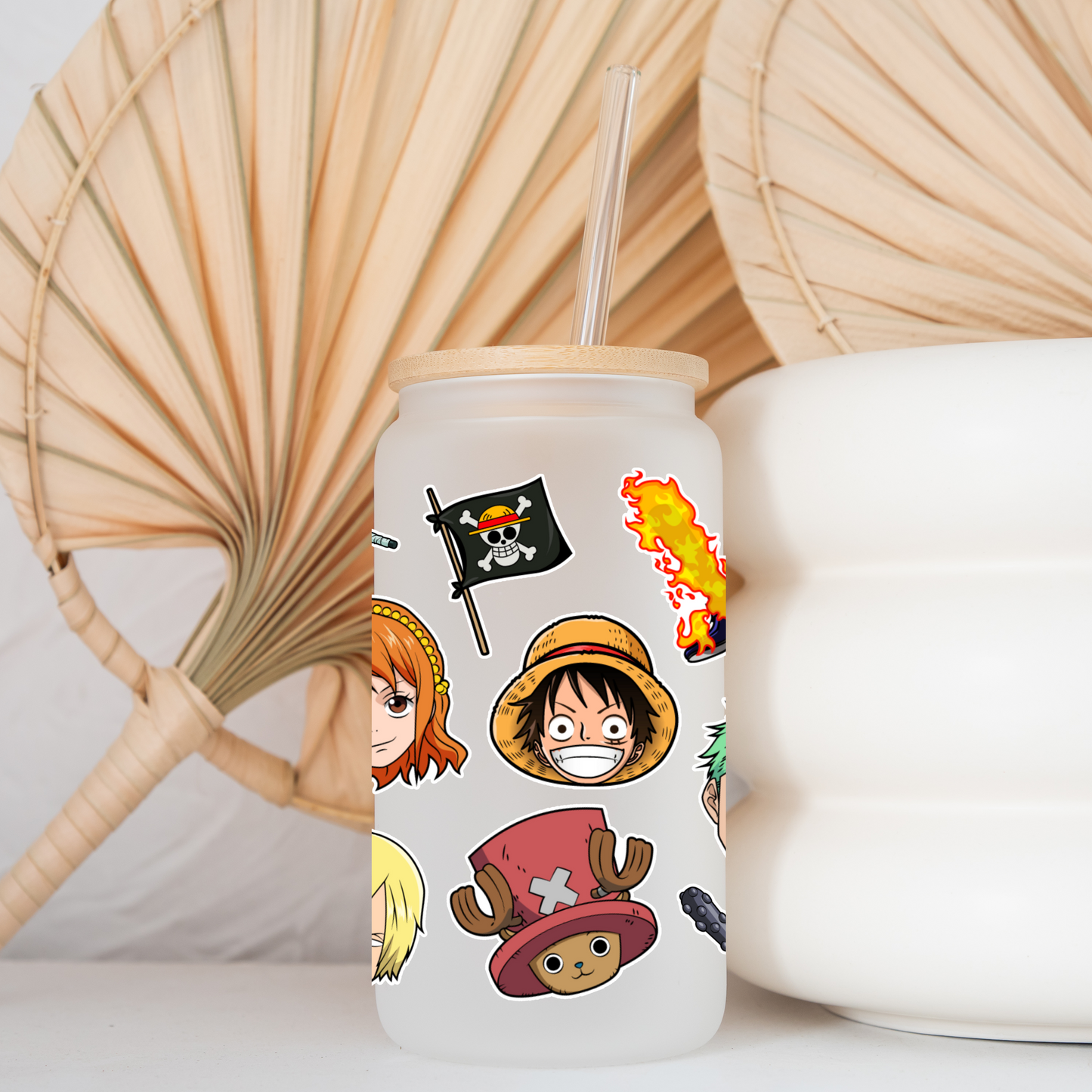 One Piece Anime 16oz Beer Can Glass with Straw and Lid