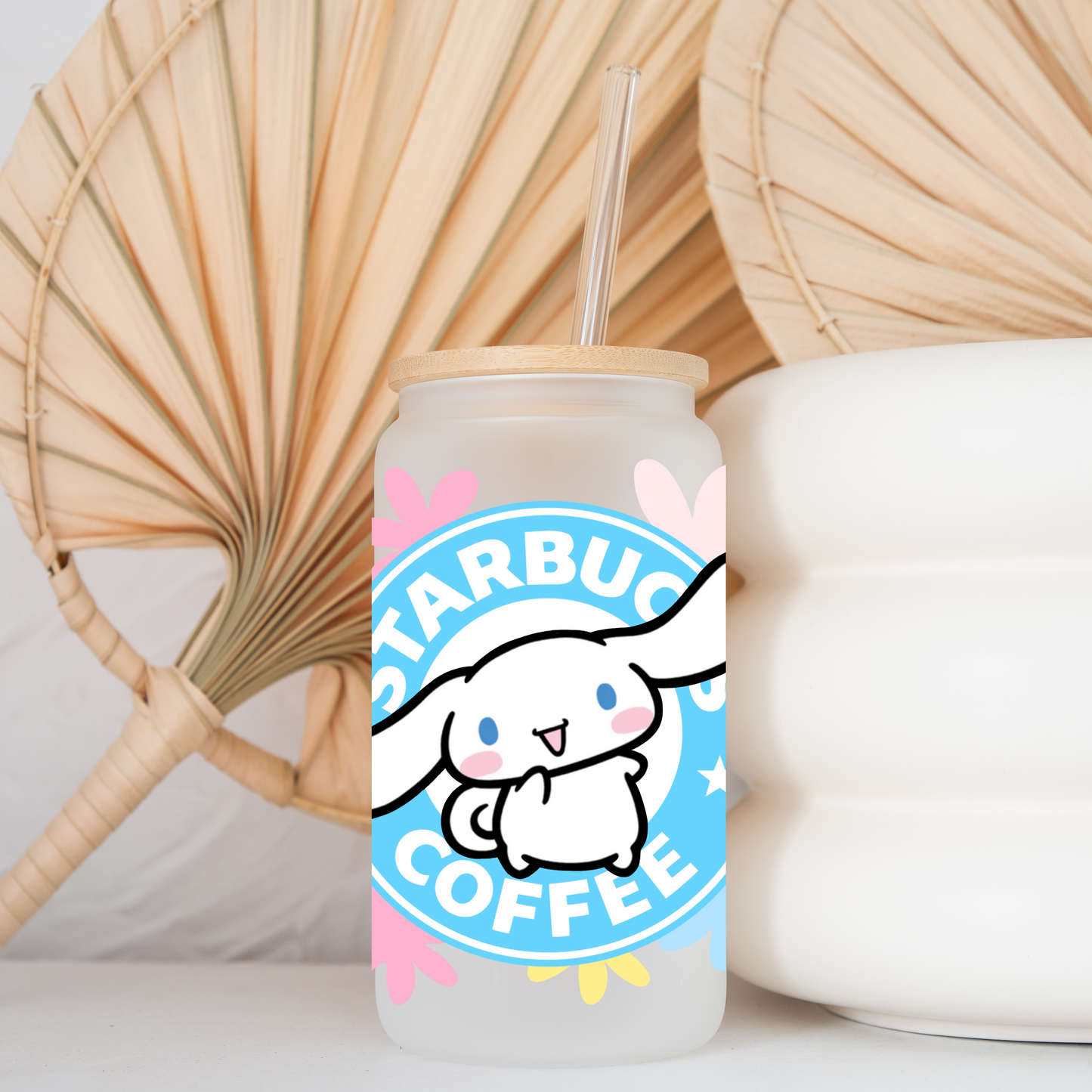 Cinnamoroll with Flowers Anime 16oz Beer Can Glass with Straw and Lid
